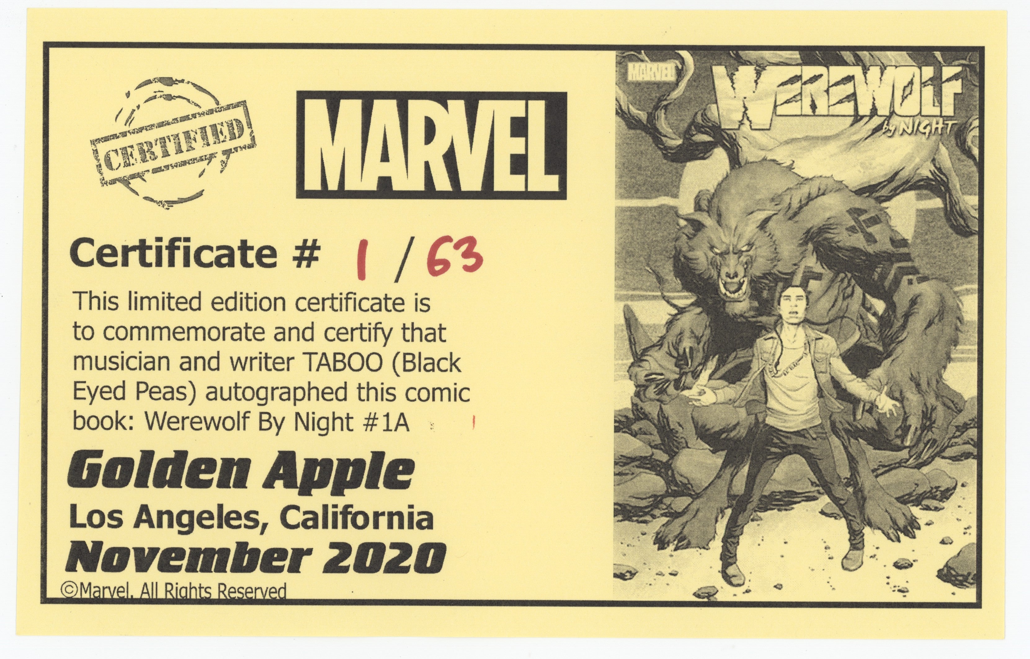 Werewolf By Night #1 A (Of 4) Marvel 2020 NM Signed Taboo Black Eyed Peas COA