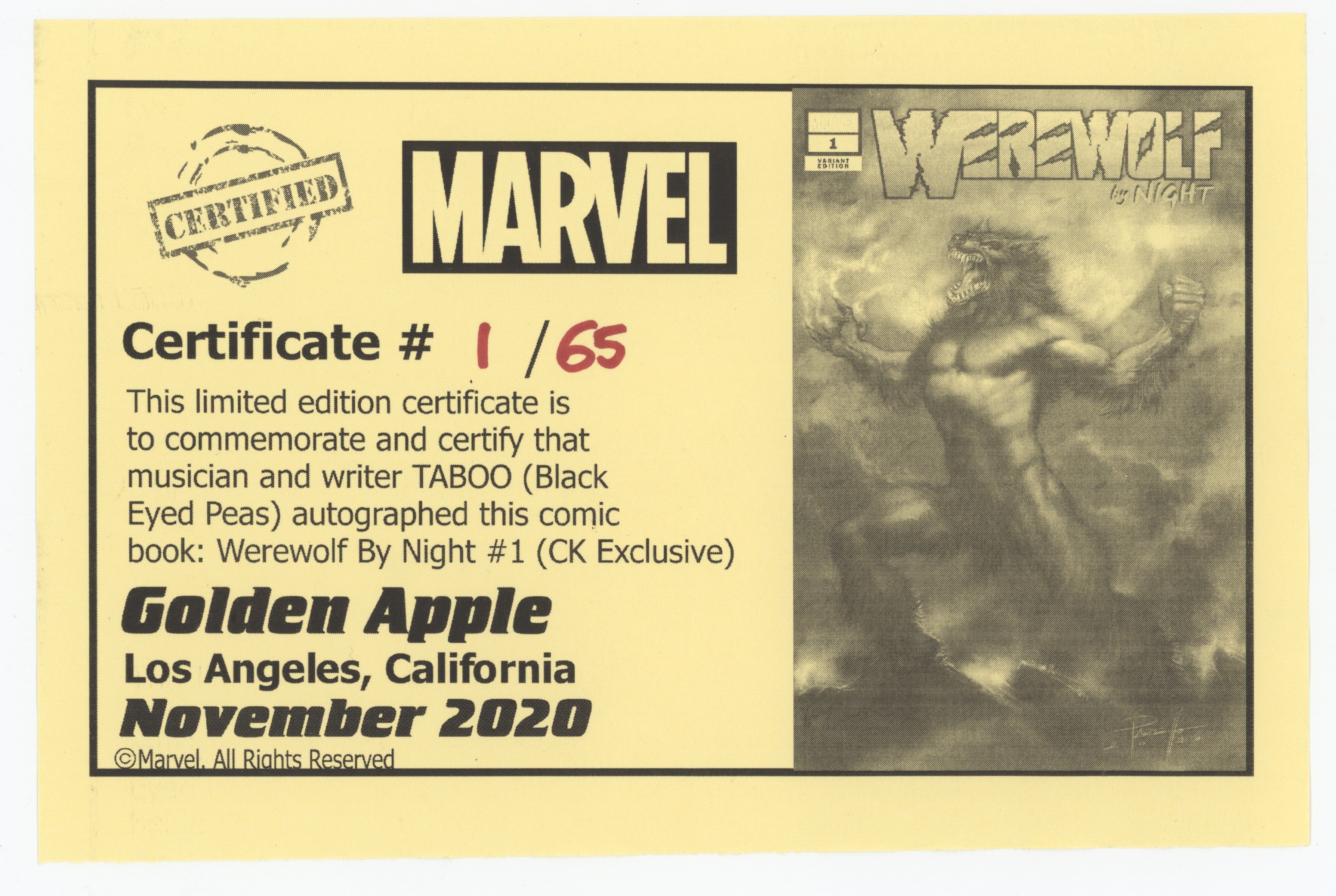 Werewolf By Night #1 (Of 4) Marvel 2020 Lucio Parrillo Variant NM Signed Taboo Black Eyed Peas COA