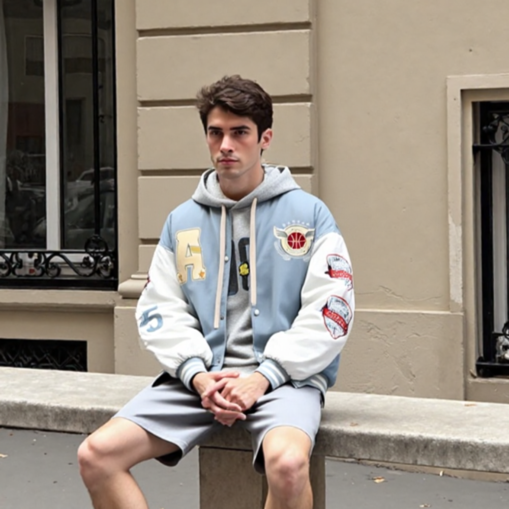 Mens Oversize Two Tone Embroidery Patch Baseball Jacket