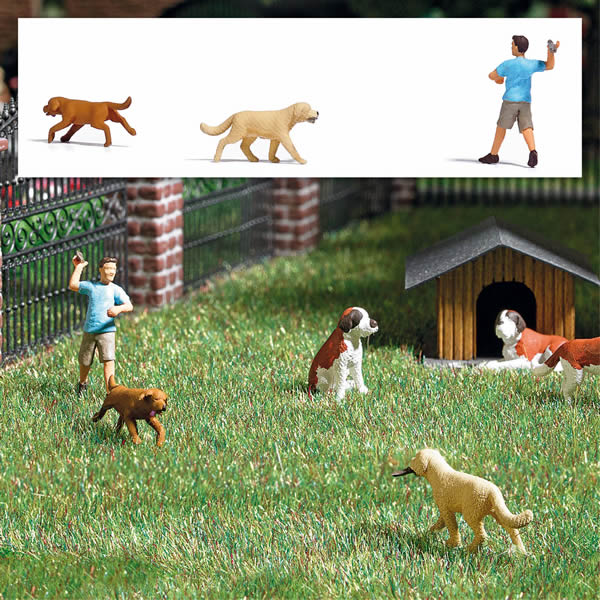 Busch 7896 HO Scale Playing Fetch with Dogs - Action Set -- 2 Dogs, 1 Figure