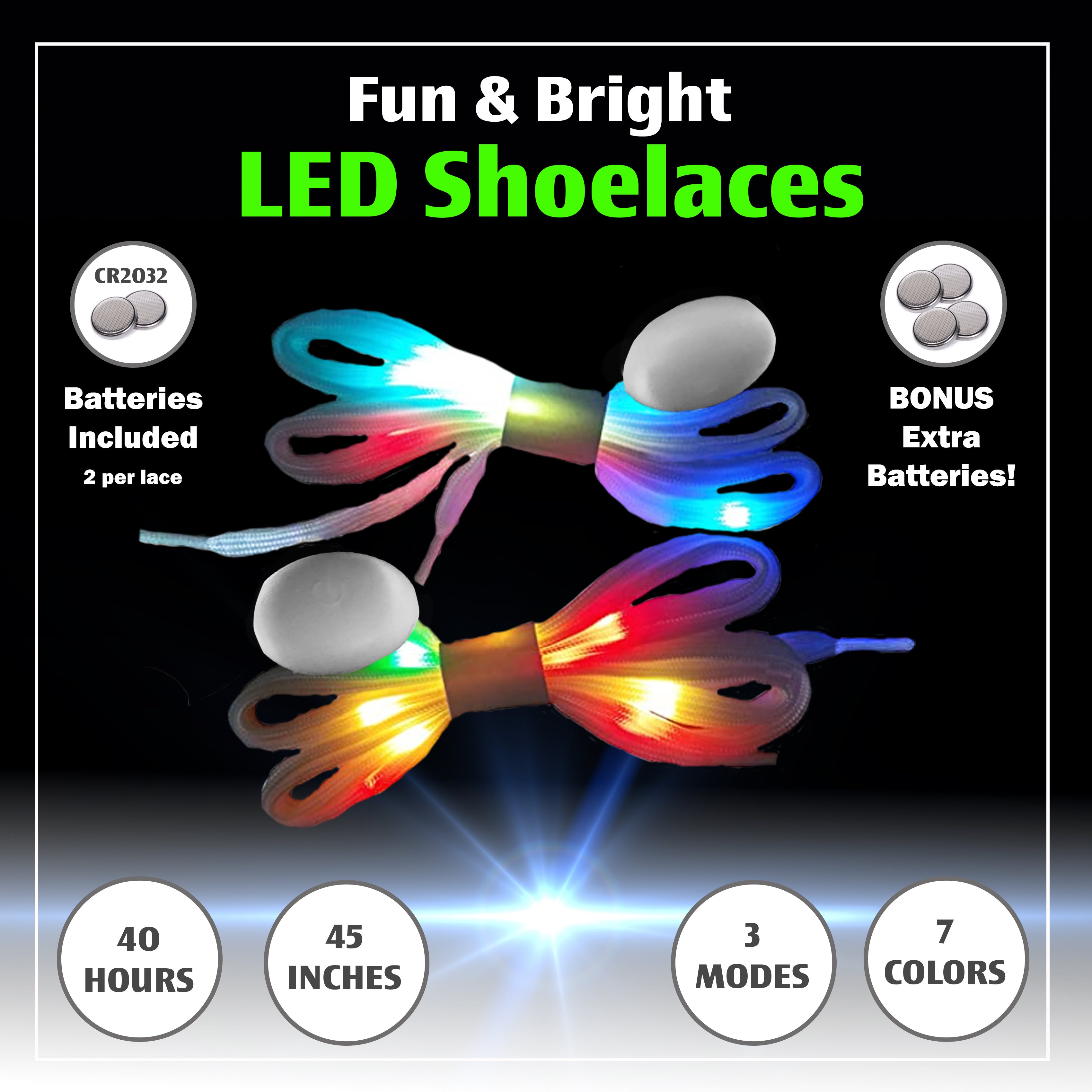 7 Color Strobe LED Light Up Shoe Laces Flashing Glow in the Dark White Tie Shoelaces for Sneakers, Skates, 45 inch