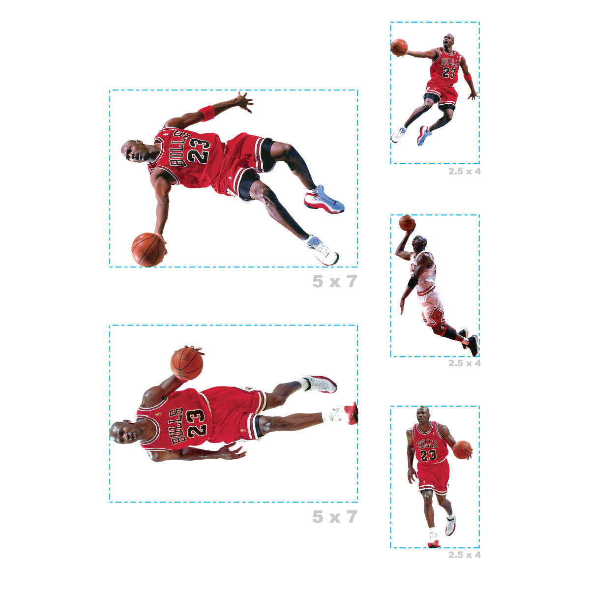 Michael Jordan - 5 Combo Minis (Mixed Sizes) - Official NBA - Chicago Bulls - Reusable Vinyl Decals