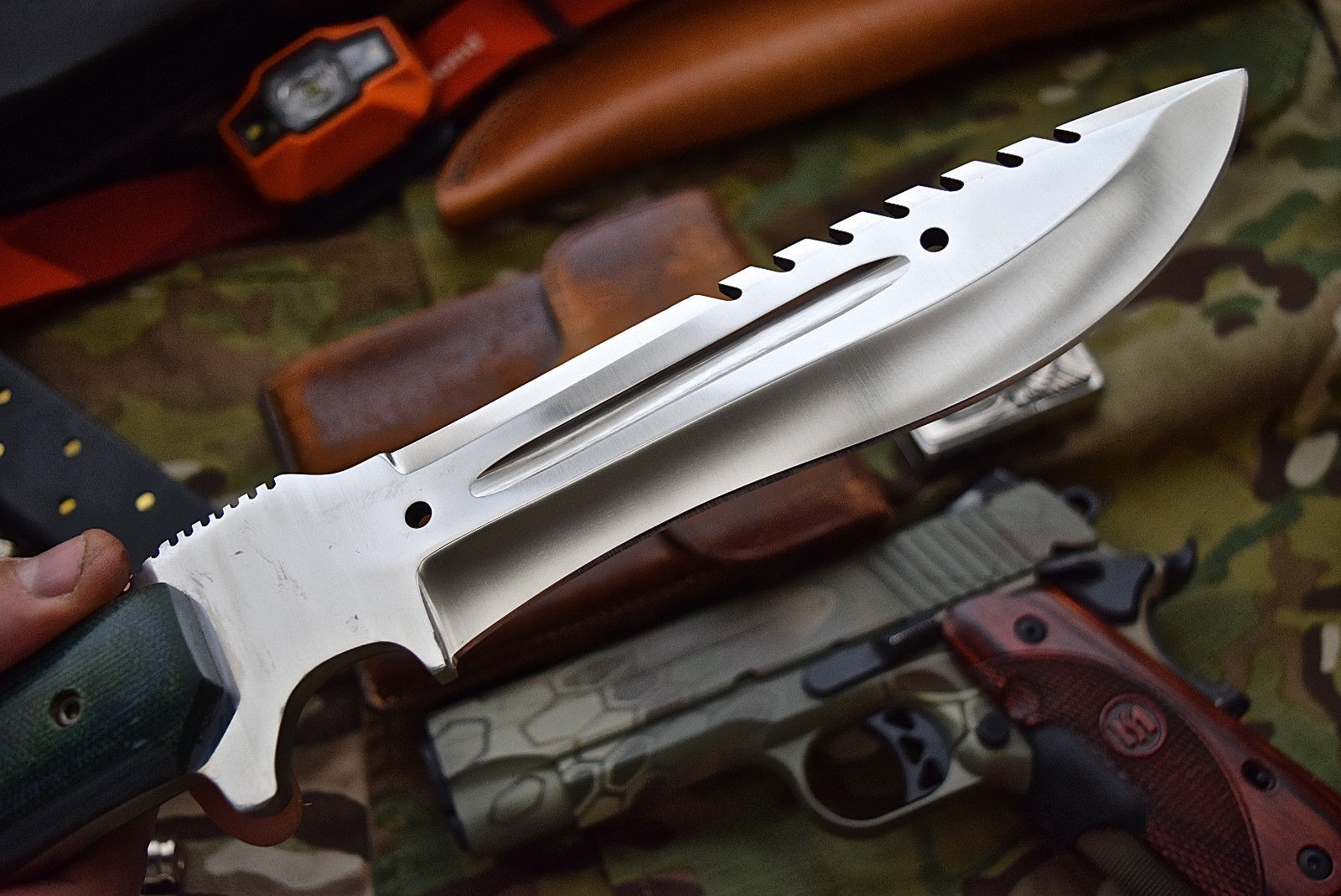 Combat Bushcraft Survival Camping Knife - Custom Handcrafted D2 Mirror Polished Steel Blade, Micarta G10 Handle, 13.5" Overall Length | Leather Sheath | KBS Knives