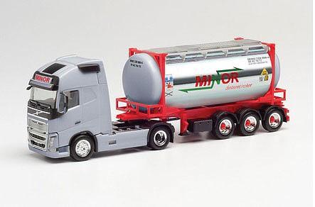 Herpa 312844 HO Scale Volvo FH Tractor with Container Trailer and Load - Assembled -- Minor (silver, red, German Lettering)