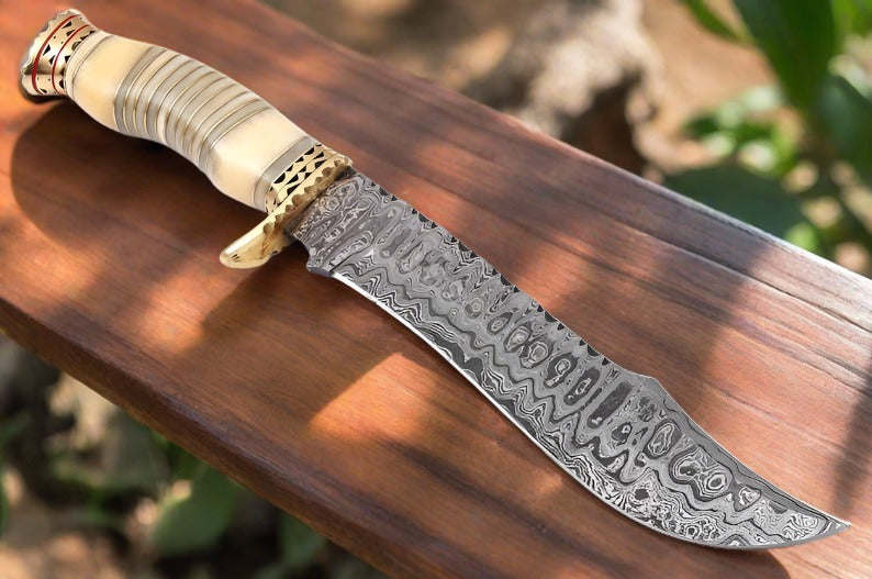 Premium Modern Bowie Knife - Damascus Steel Blade with Handmade Bone Handle and Brass Guard