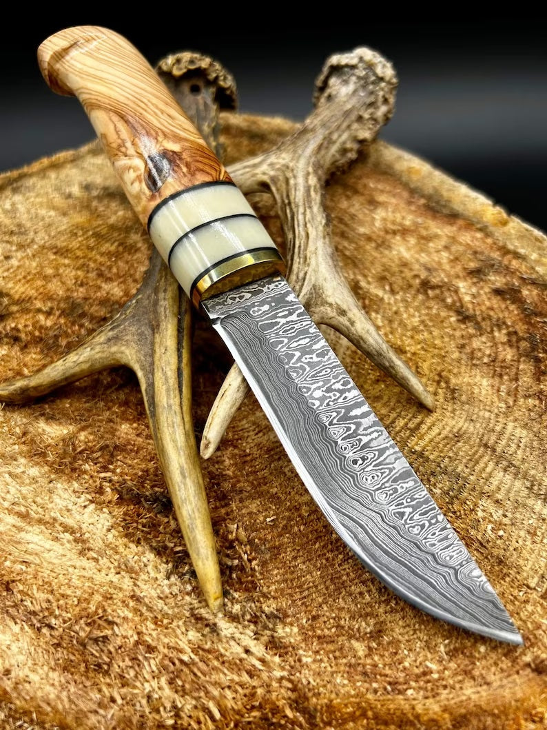 Custom Handmade Damascus Hunting Camping Knife with Bone, Olive Wood, and Brass Bolster Handle