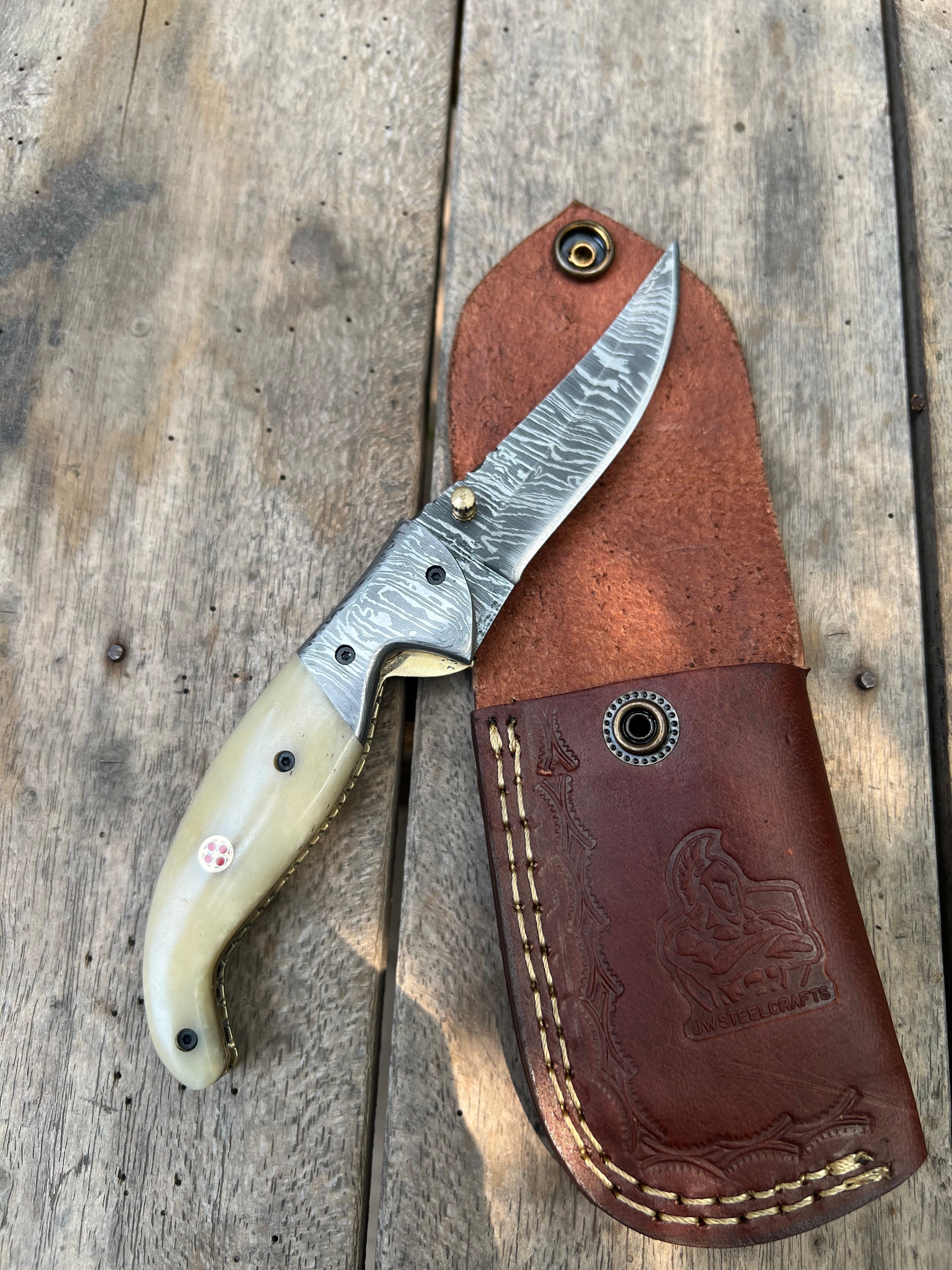 Handmade Damascus Folding Knife with Bone Handle – Compact EDC Pocket Knife with Leather Sheath