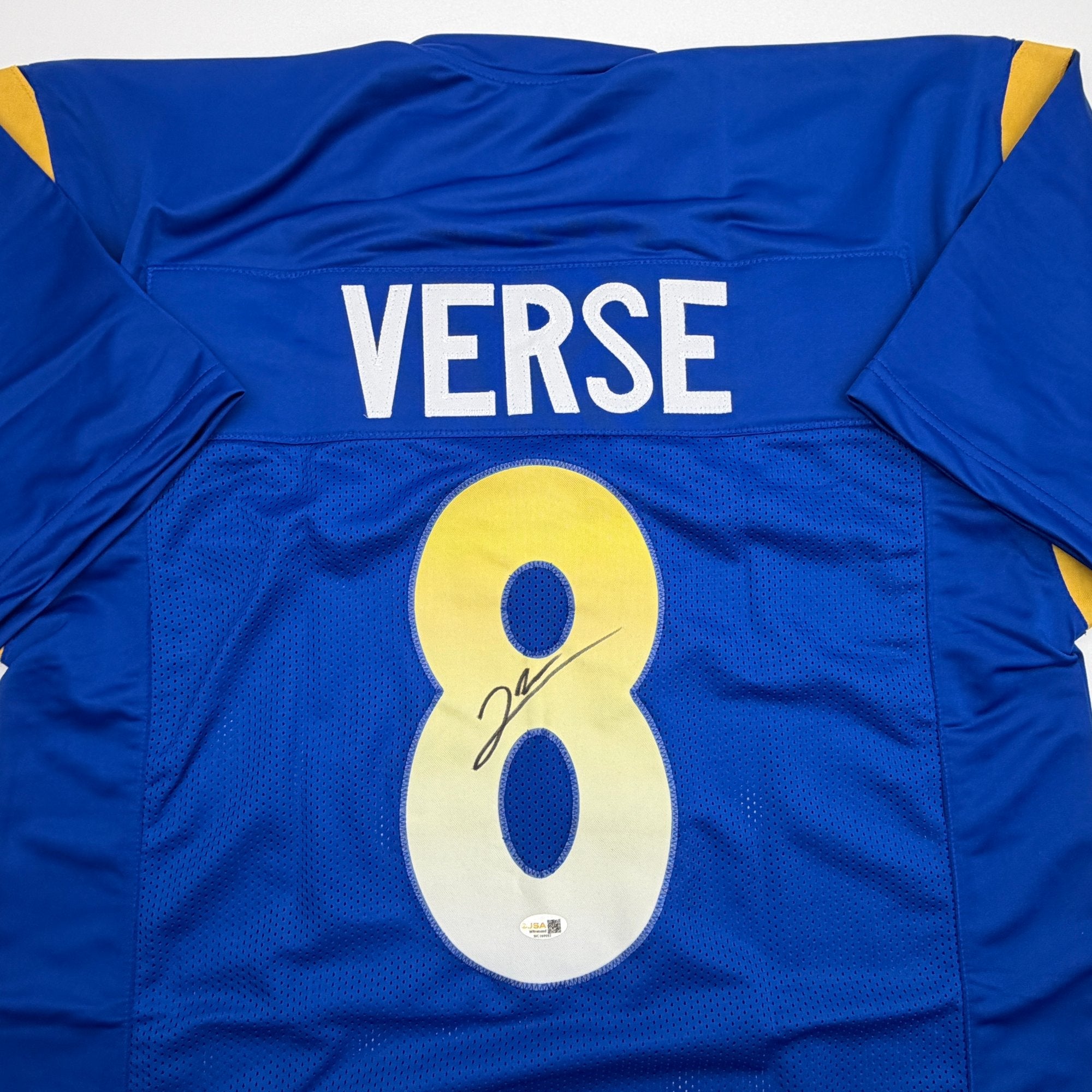 Autographed/Signed Jared Verse Los Angeles LA Blue Football Jersey Beckett BAS COA