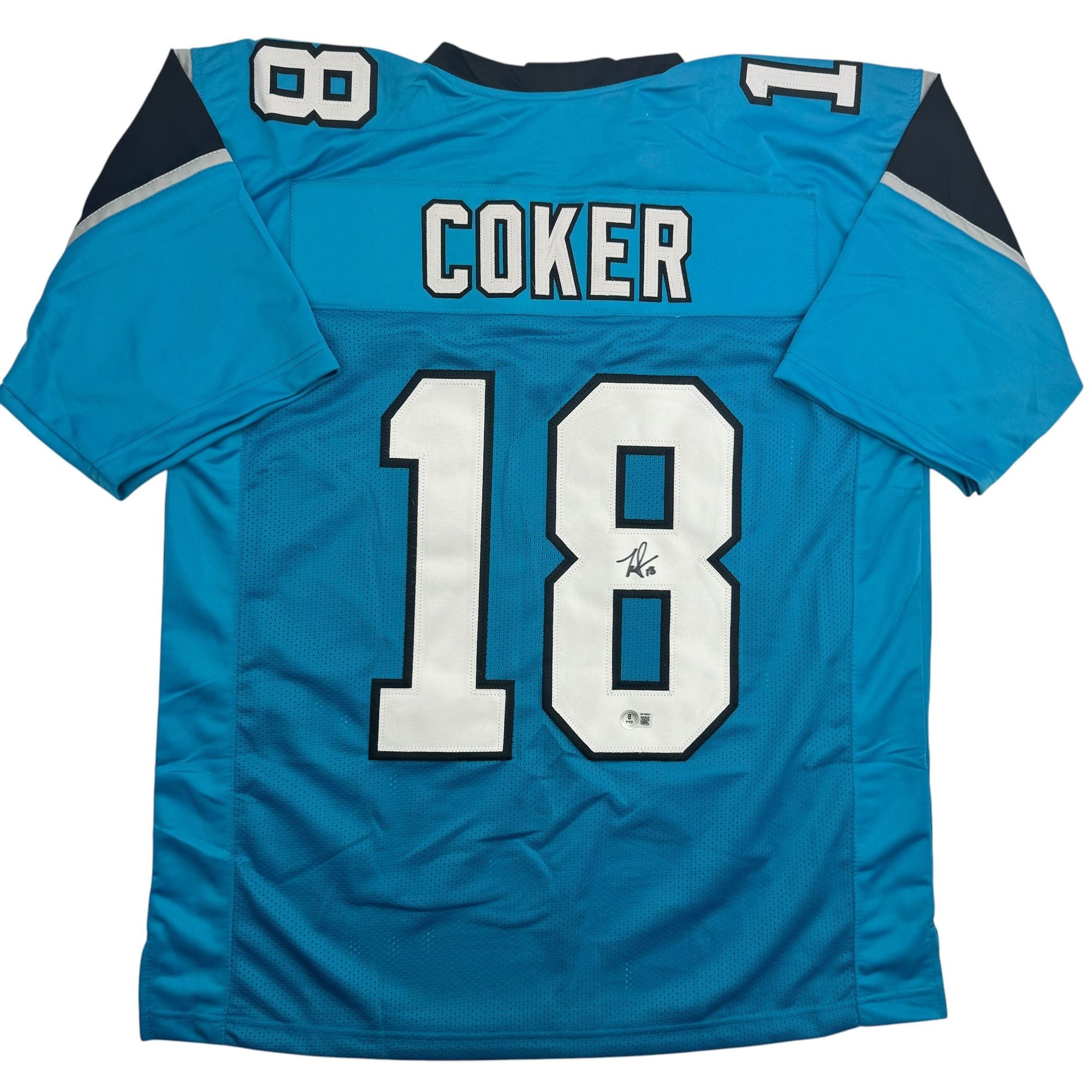 Autographed/Signed Jalen Coker Carolina Blue Football Jersey Beckett BAS COA