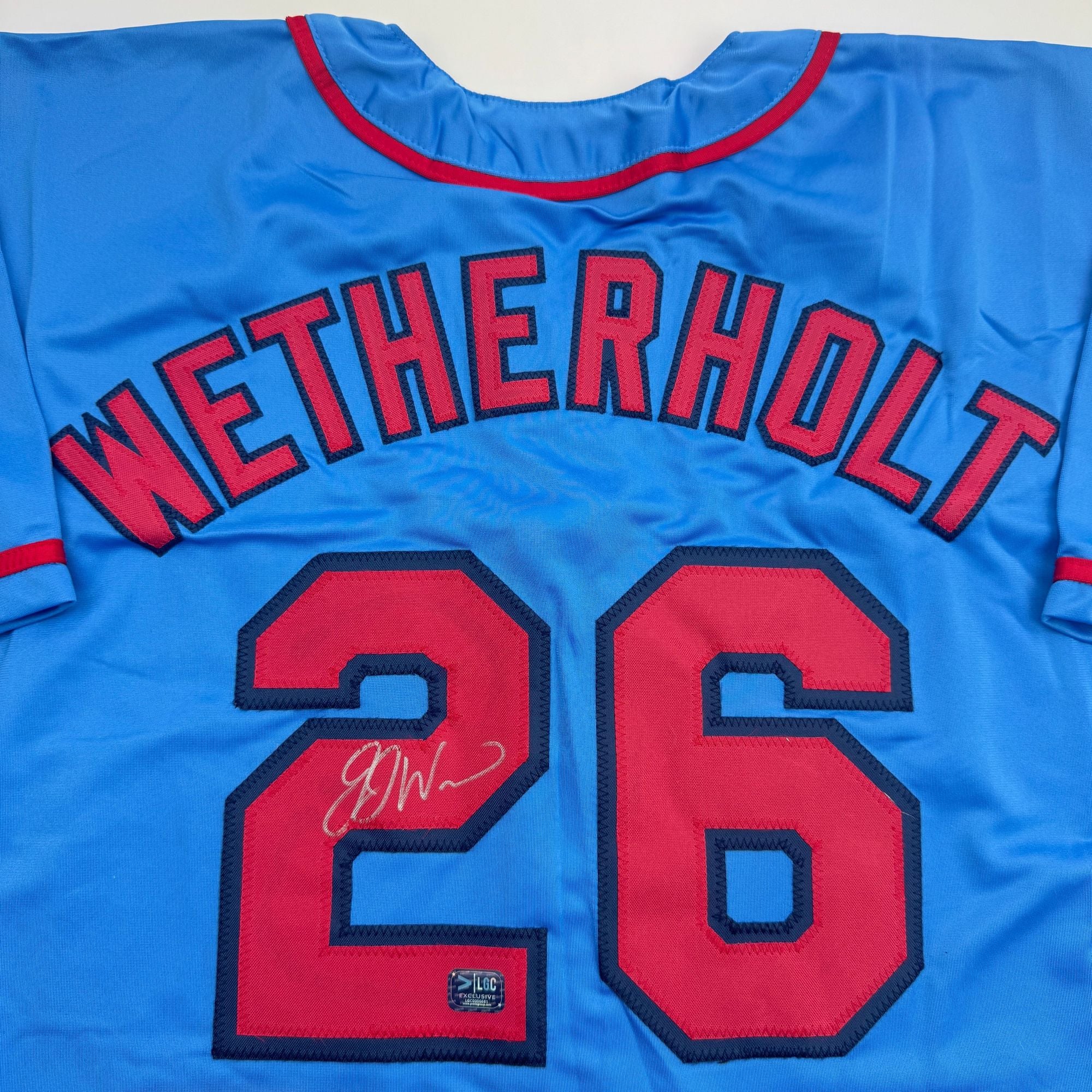 Autographed/Signed J.J. JJ Wetherholt St. Louis Blue Baseball Jersey LCG Prova COA