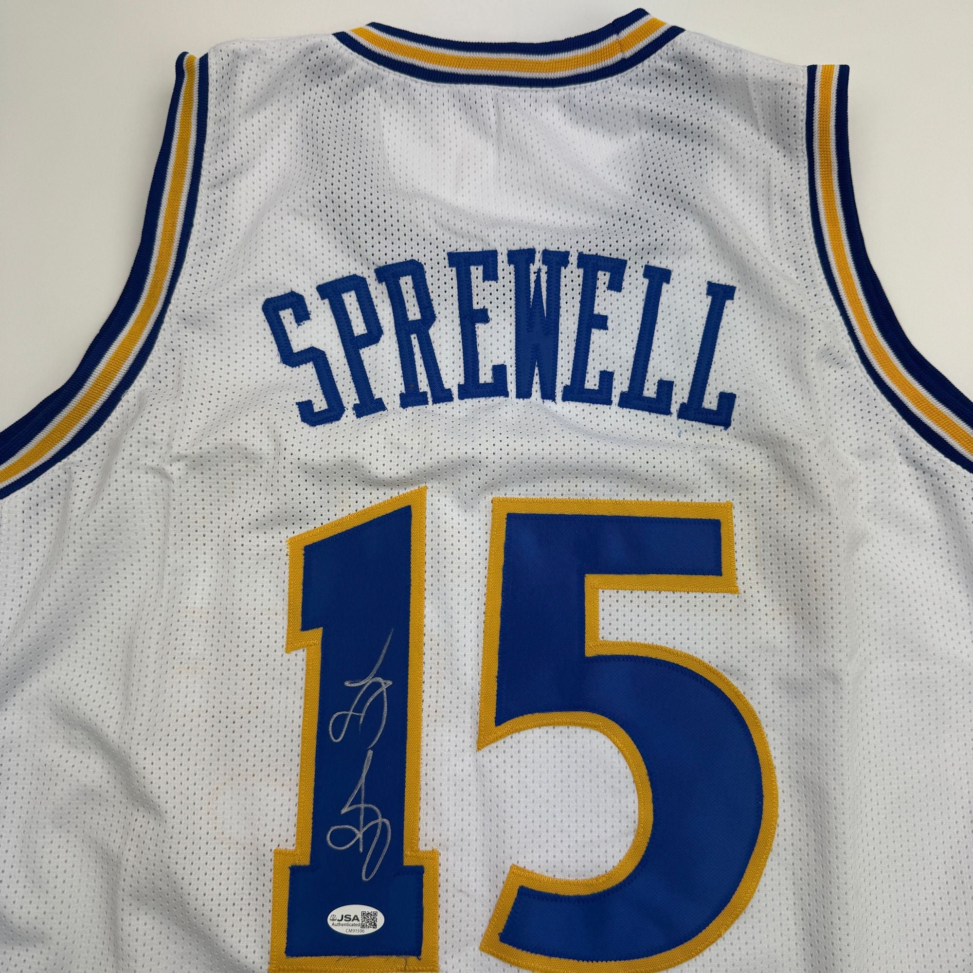 Autographed/Signed Latrell Sprewell Golden State White Retro Basketball Jersey JSA COA