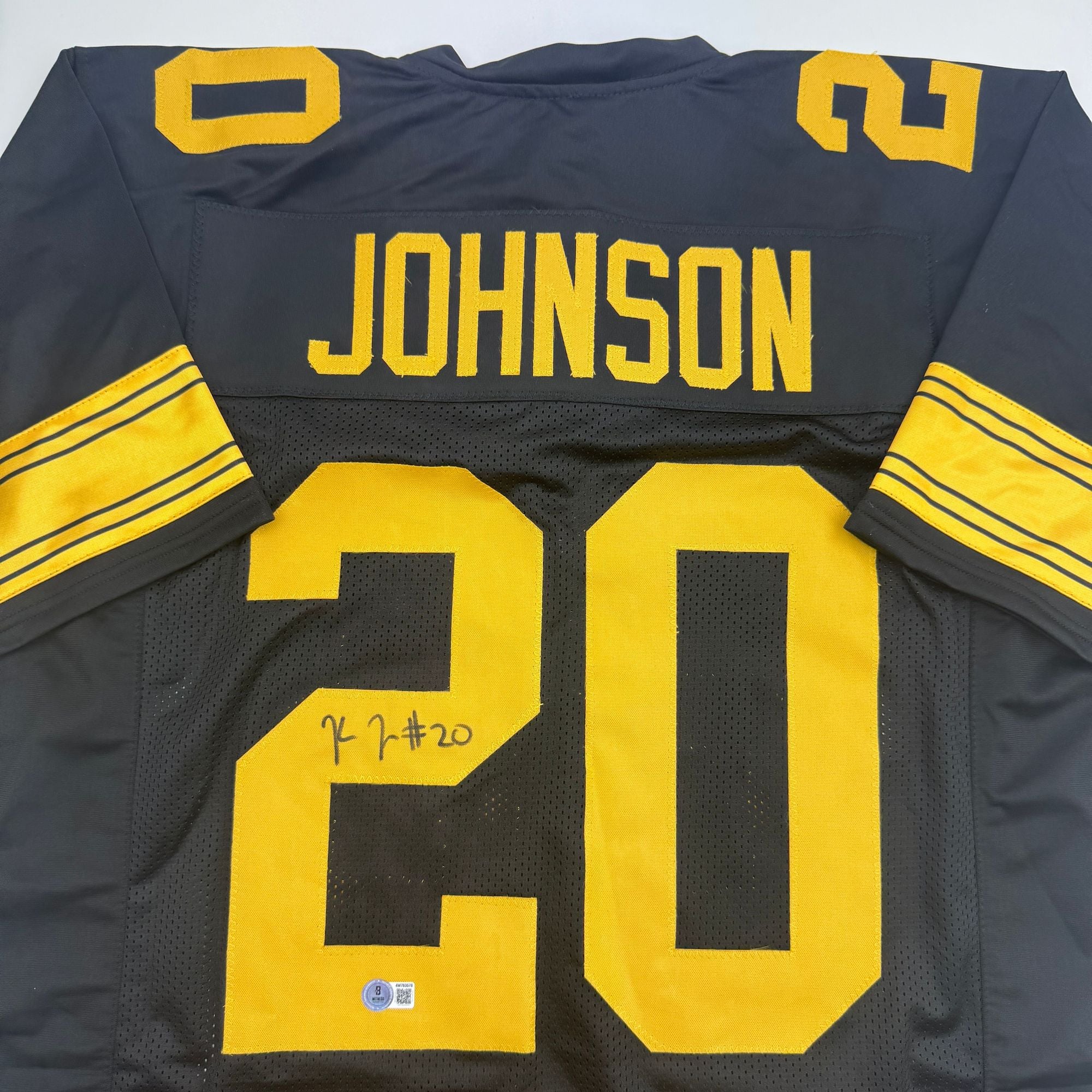 Autographed/Signed Kaleb Johnson Pittsburgh Black Color Rush Football Jersey Beckett BAS COA