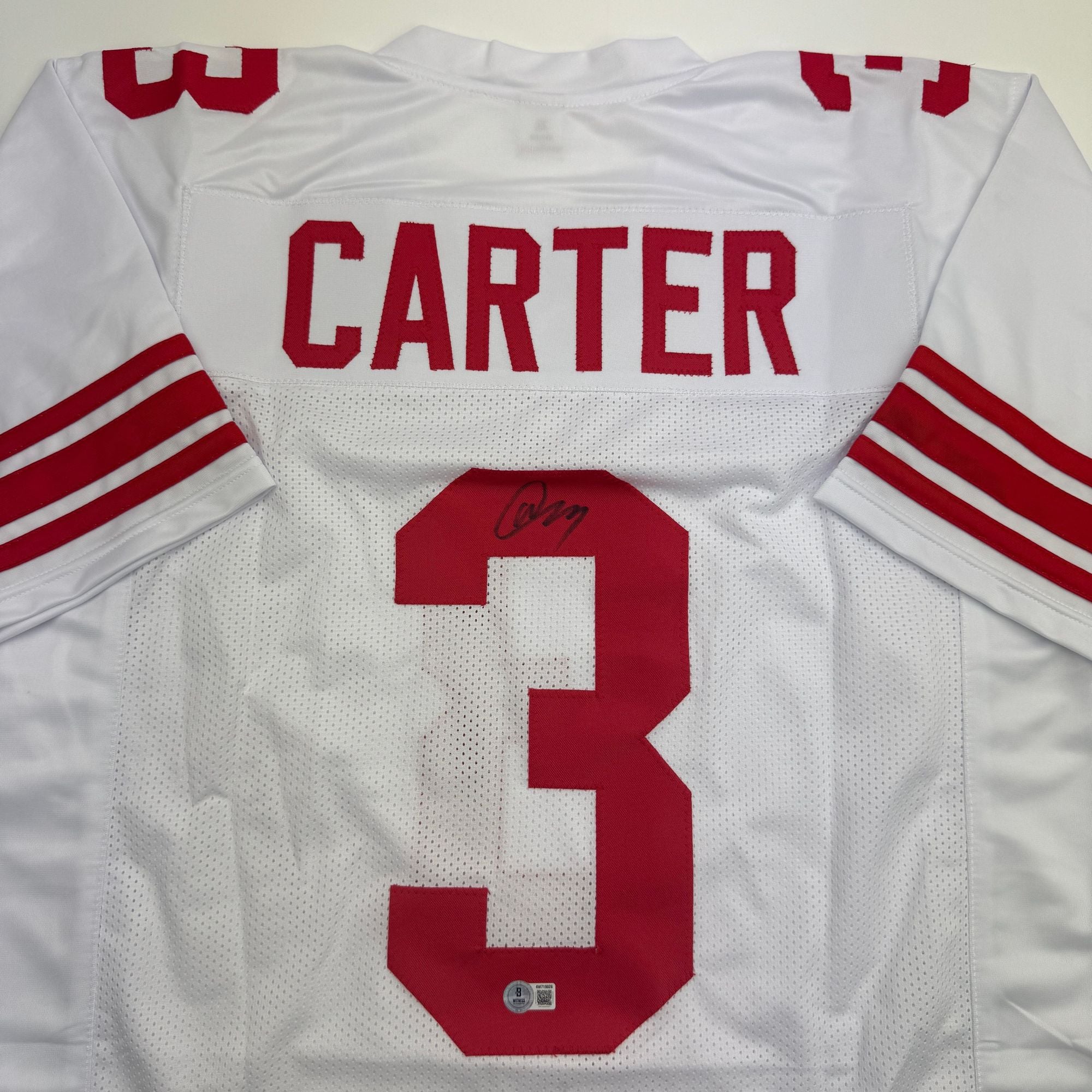 Autographed/Signed Abdul Carter New York White Football Jersey Beckett BAS COA