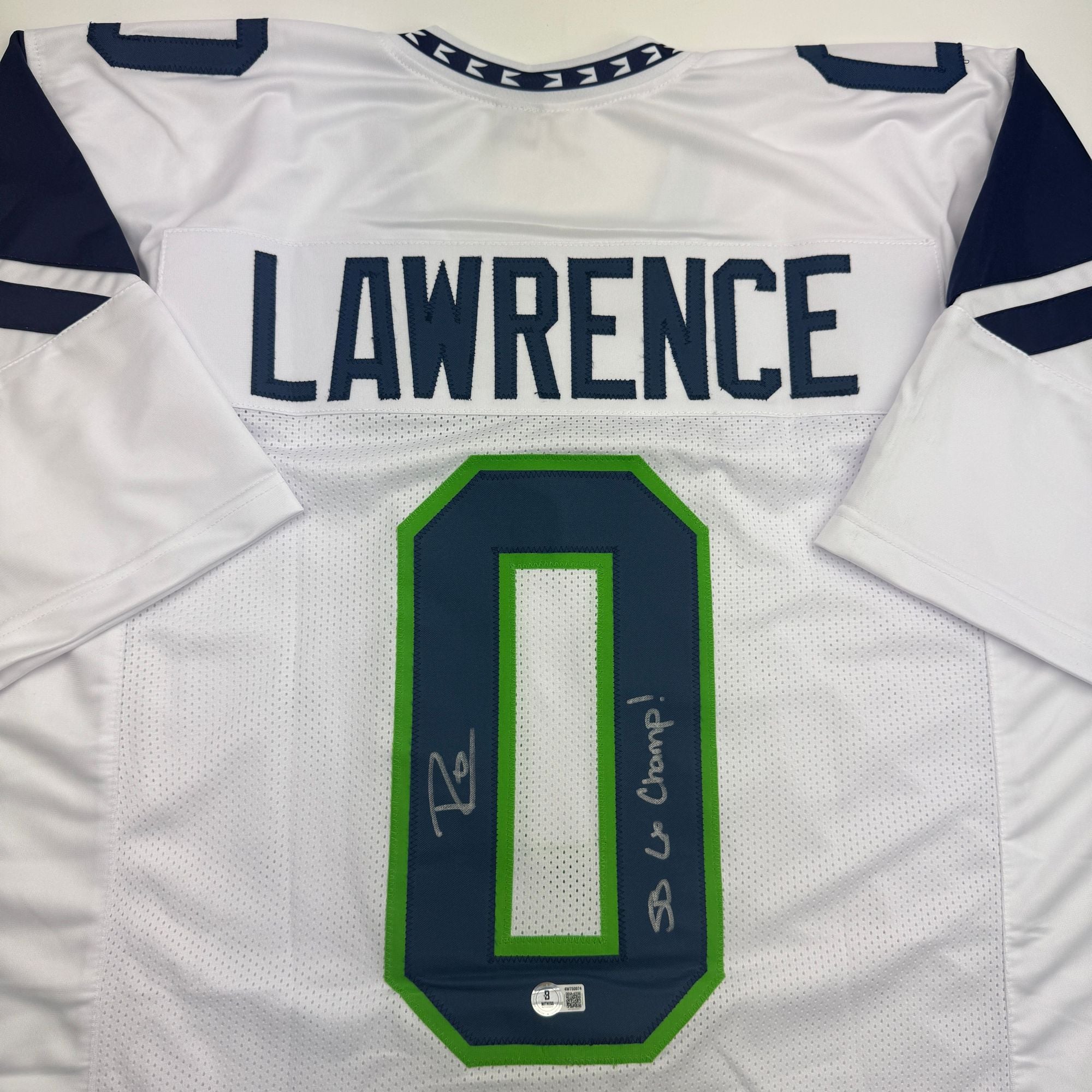 Autographed/Signed Demarcus Lawrence Seattle White Football Jersey Beckett BAS COA