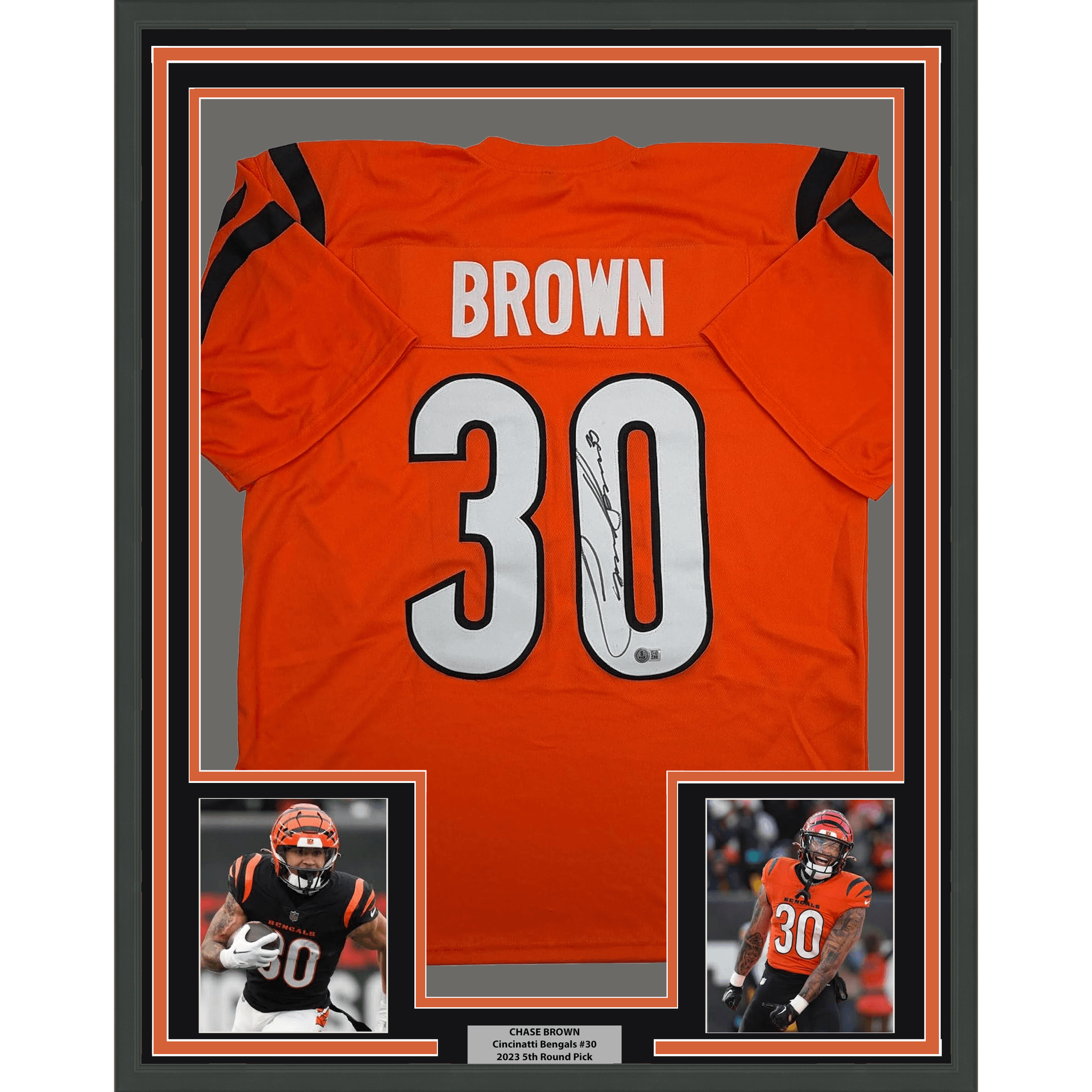 Framed Autographed/Signed Chase Brown 35x39 Cincinnati Orange Football Jersey Beckett BAS COA