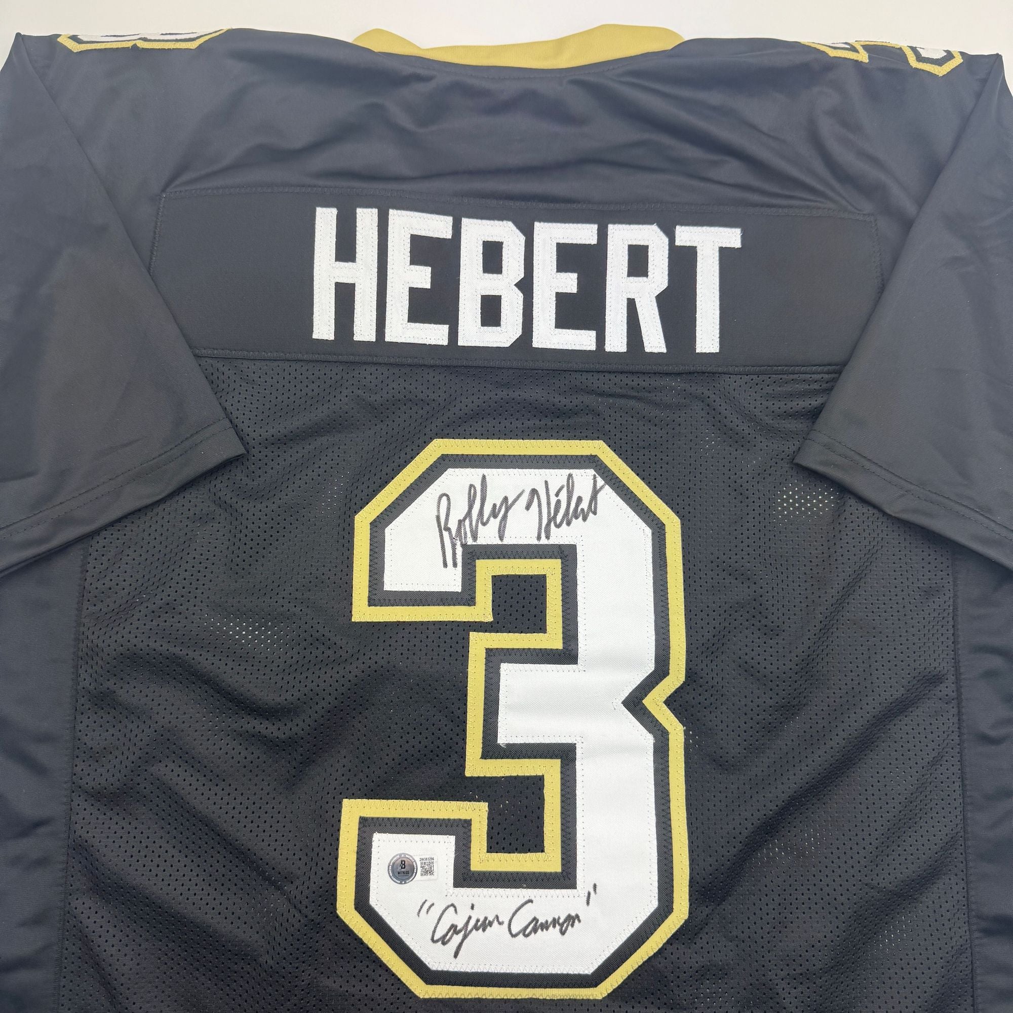 Autographed/Signed Bobby Hebert Cajun Cannon New Orleans Black Football Jersey Beckett BAS COA