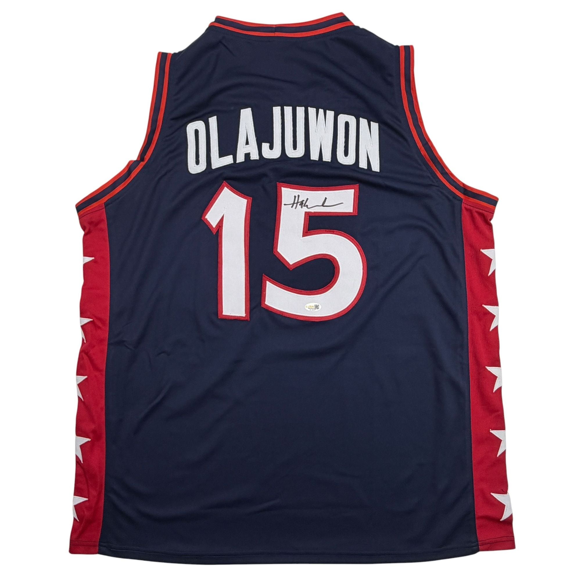 Autographed/Signed Hakeem Olajuwon United States USA Olympics Blue Basketball Jersey JSA COA