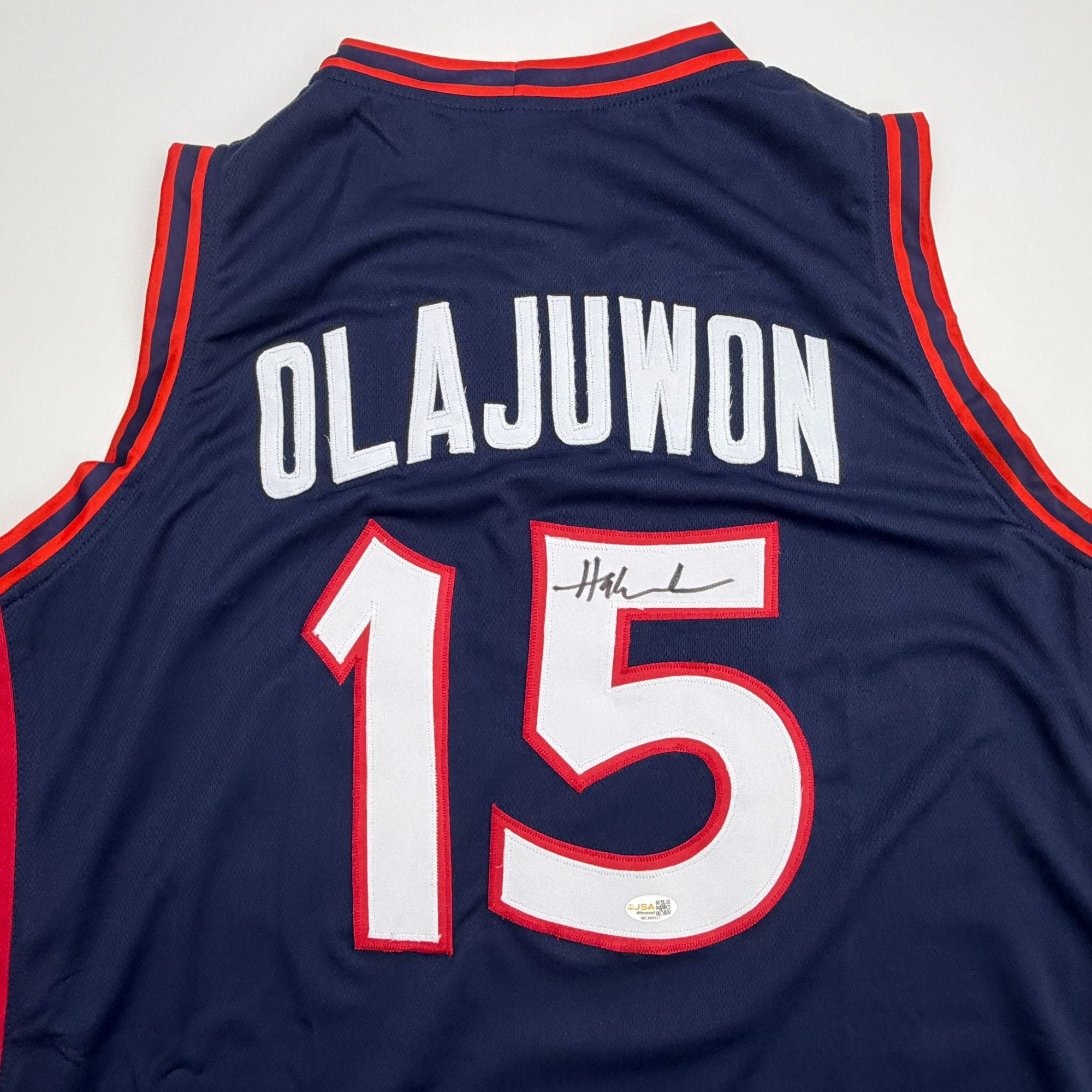 Autographed/Signed Hakeem Olajuwon United States USA Olympics Blue Basketball Jersey JSA COA