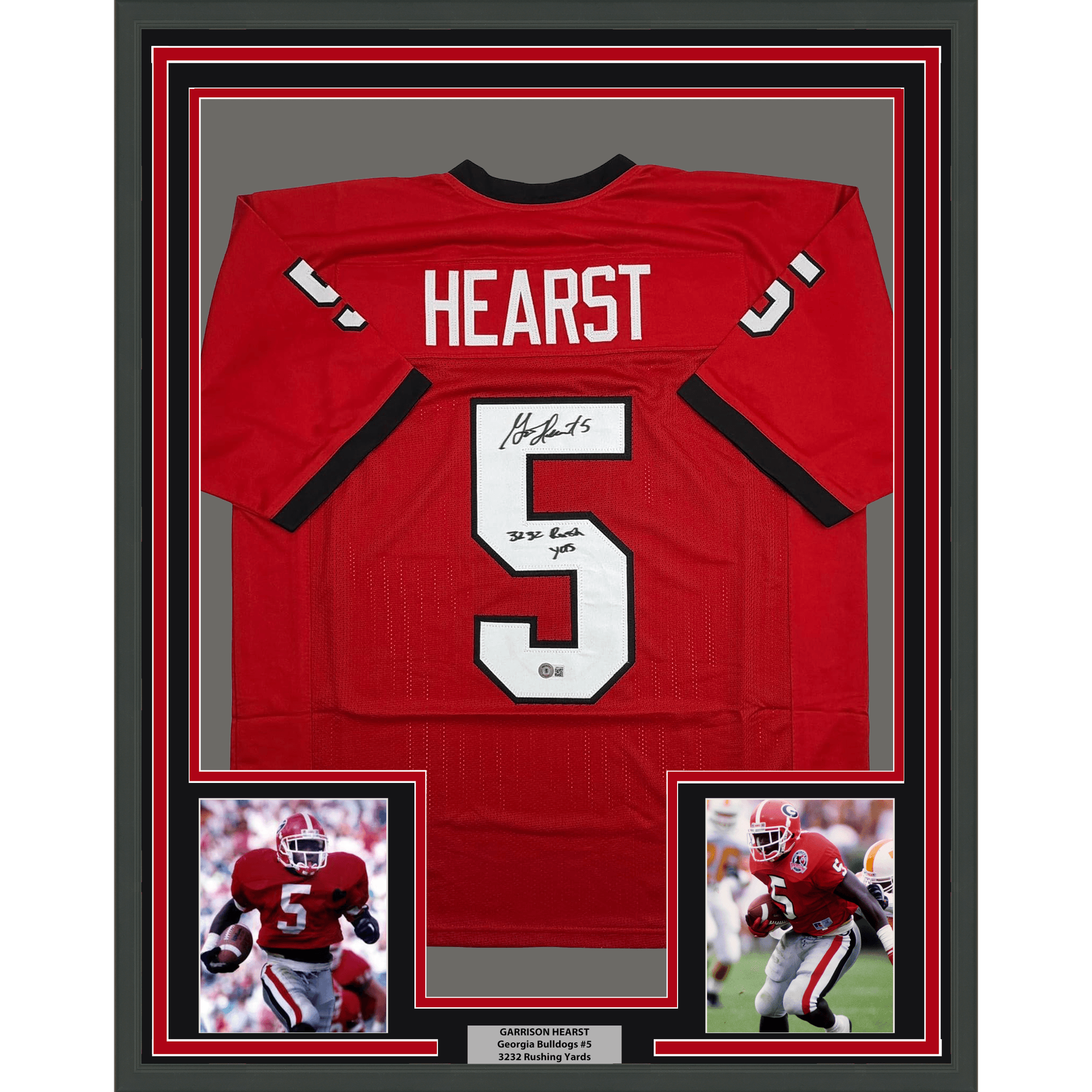 Framed Autographed/Signed Garrison Hearst 35x39 3232 Yards Georgia Red College Football Jersey Beckett BAS COA