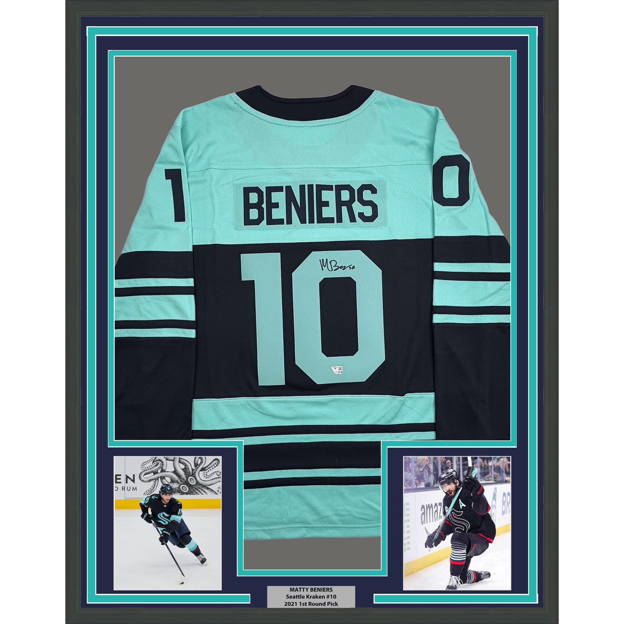 Framed Autographed/Signed Matty Beniers 35x39 Seattle Kraken Blue Authentic Hockey Jersey Fanatics COA