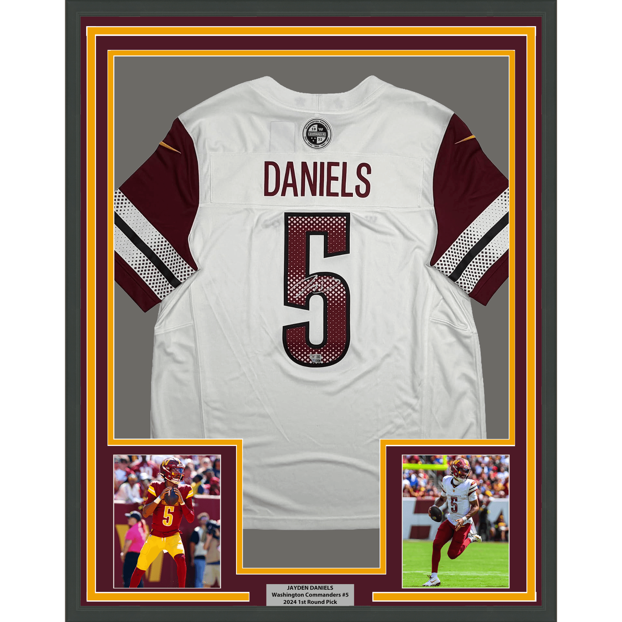 Framed Autographed/Signed Jayden Daniels 35x39 Washington Commanders White Authentic Football Jersey Fanatics COA