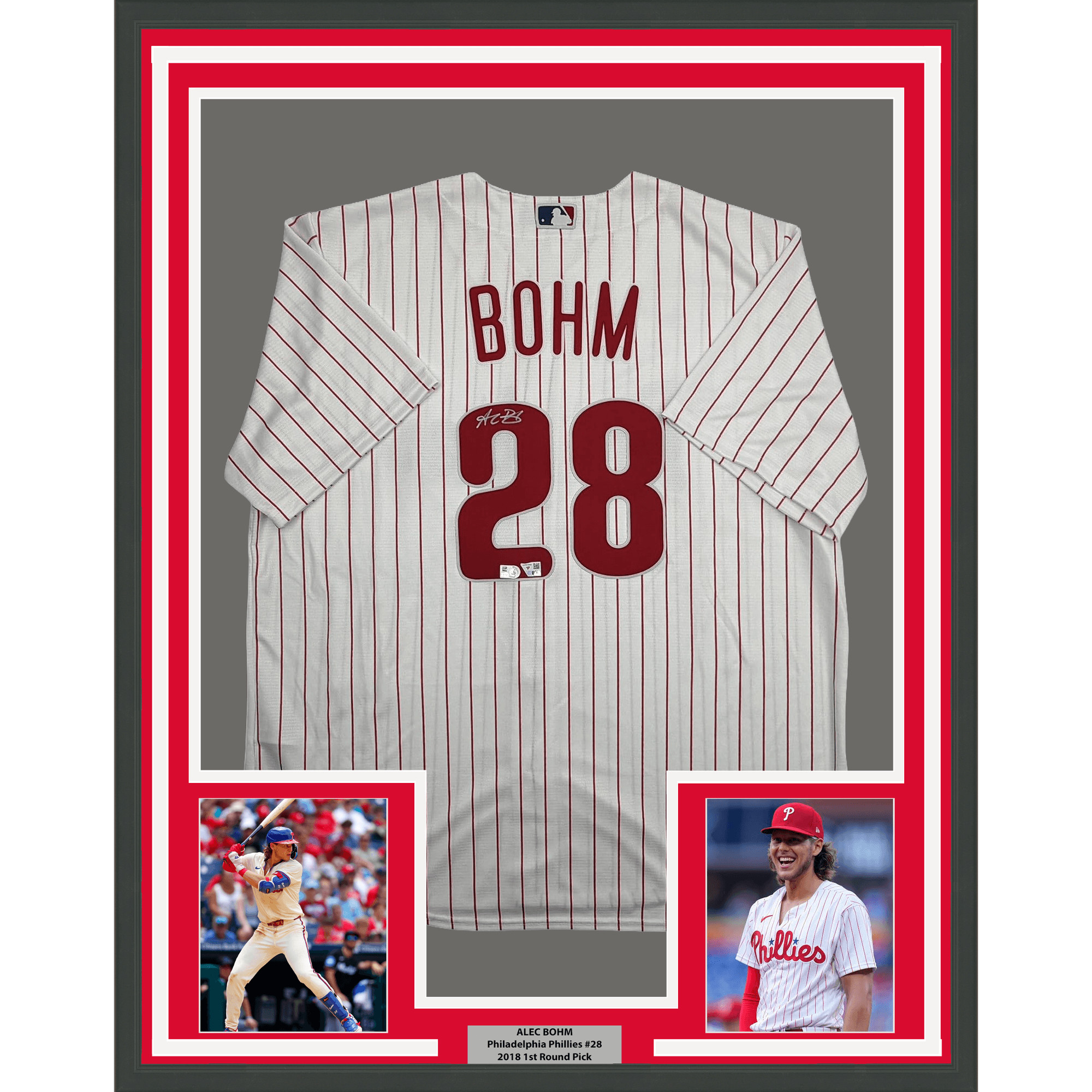 Framed Autographed/Signed Alec Bohm 35x39 Philadelphia Phillies Pinstripe Authentic Baseball Jersey Fanatics & MLB COA