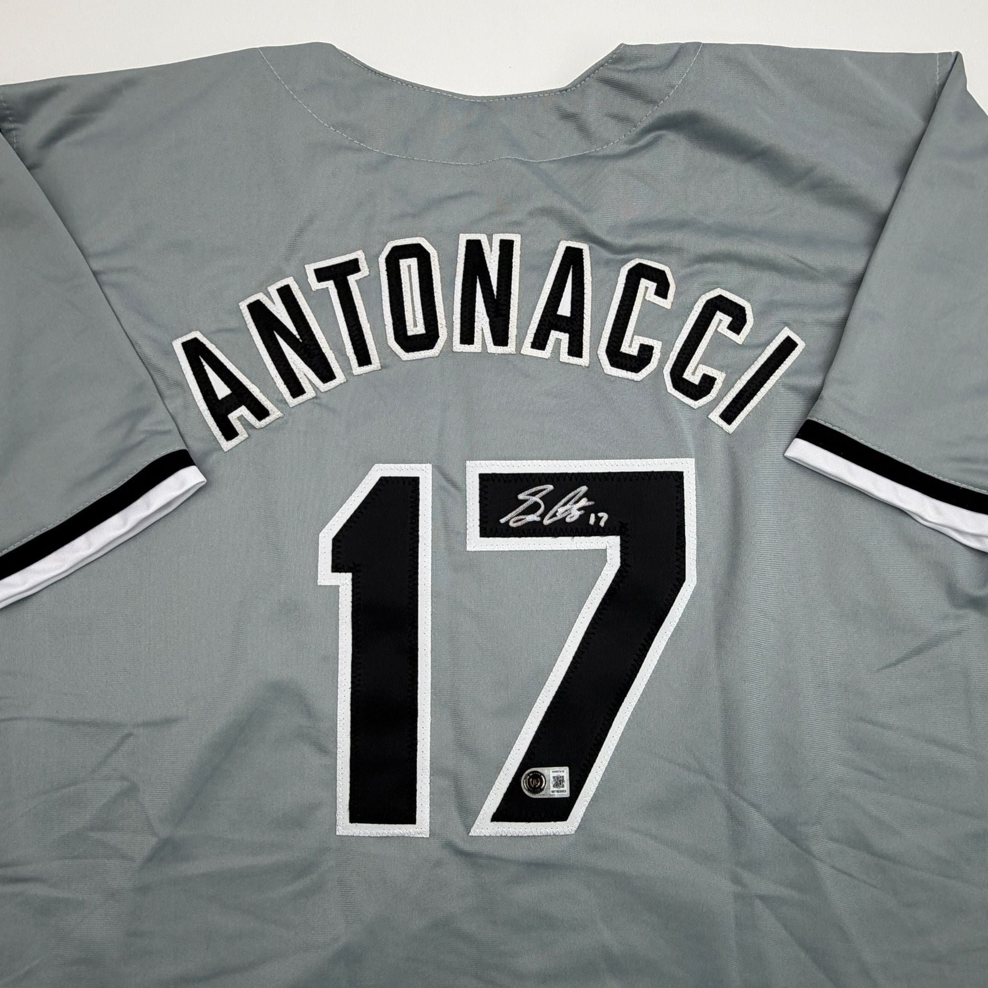 Autographed/Signed Sam Antonacci Chicago Grey Baseball Jersey Beckett BAS COA