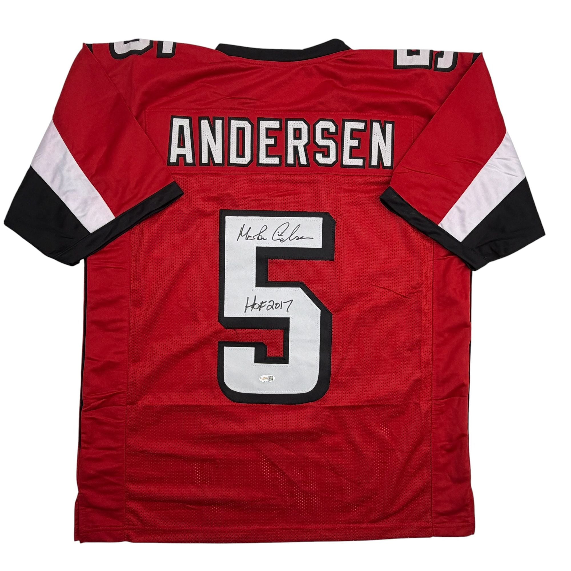 Autographed/Signed Morten Andersen Atlanta Red Football Jersey JSA COA