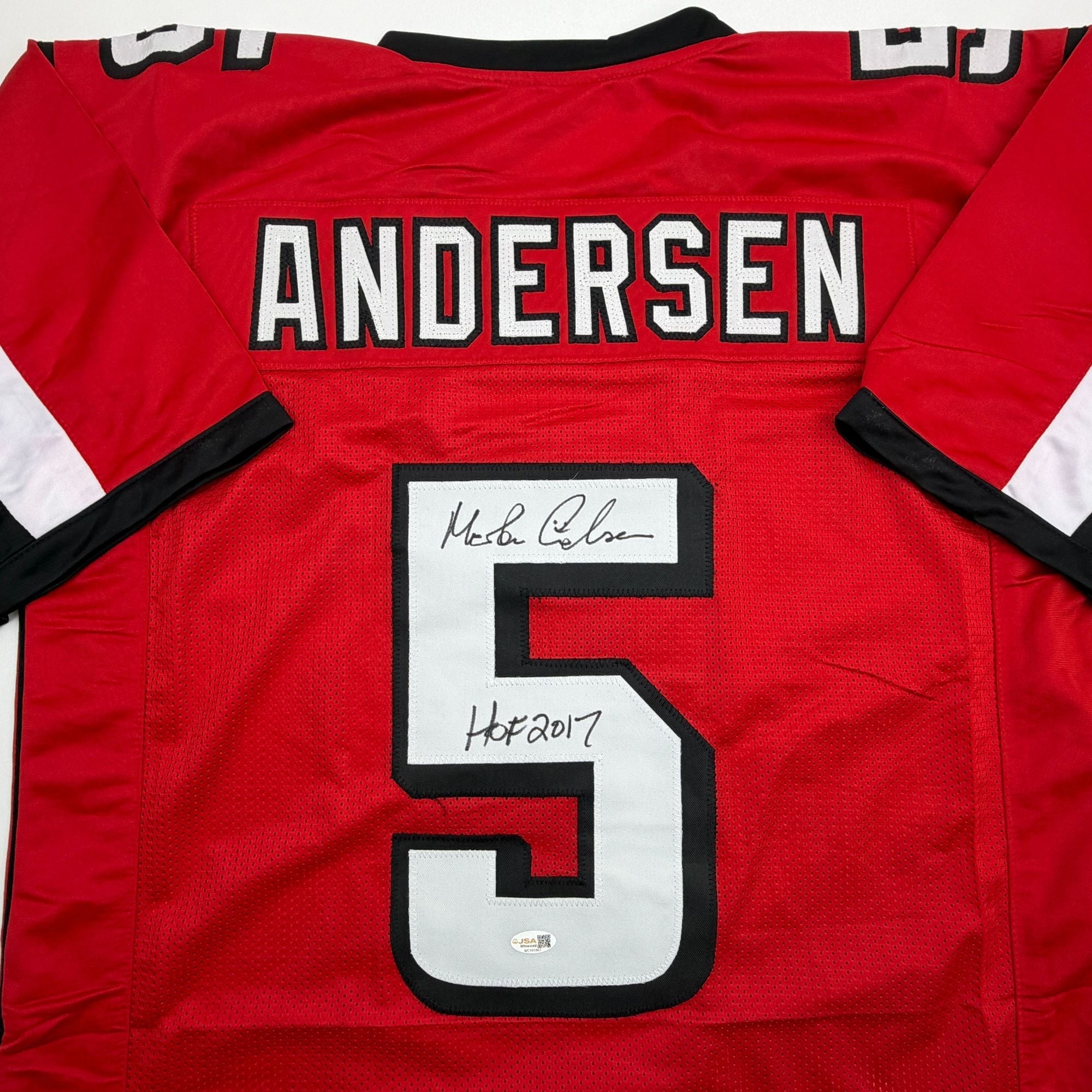 Autographed/Signed Morten Andersen Atlanta Red Football Jersey JSA COA