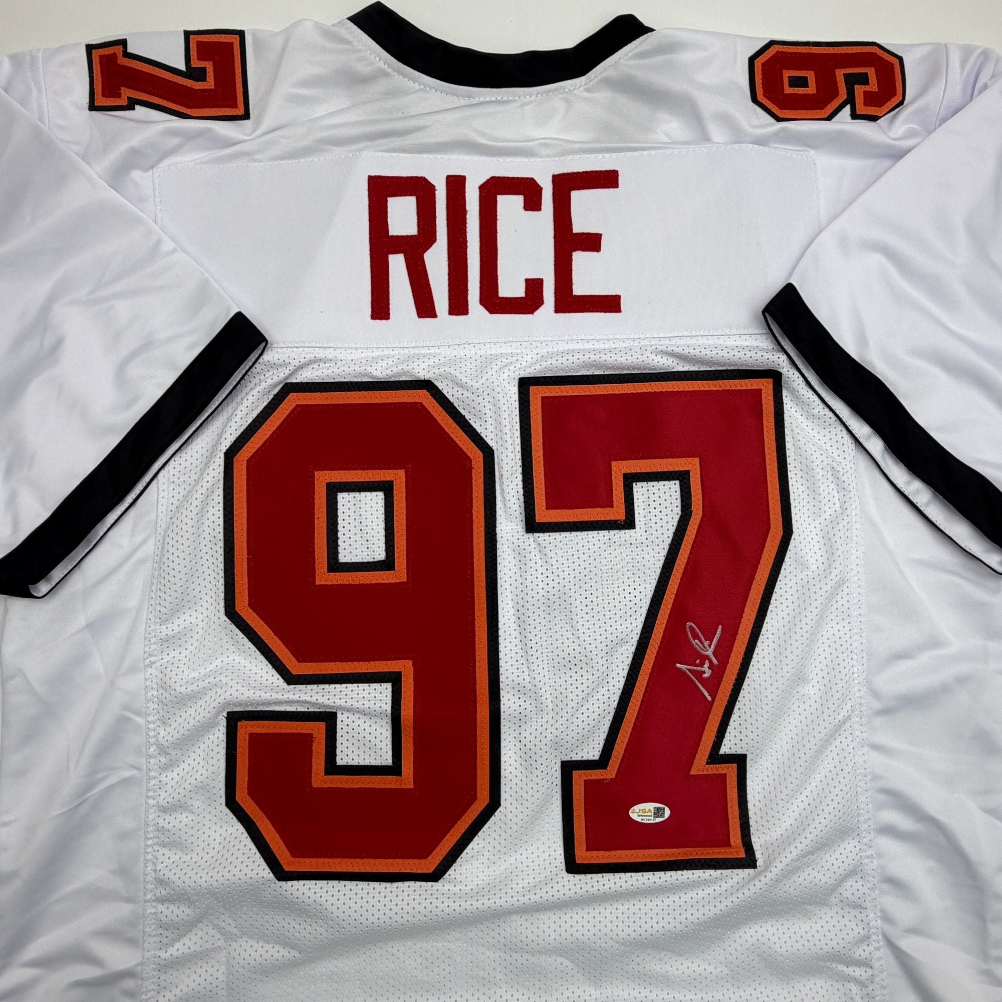 Autographed/Signed Simeon Rice Tampa Bay White Football Jersey JSA COA