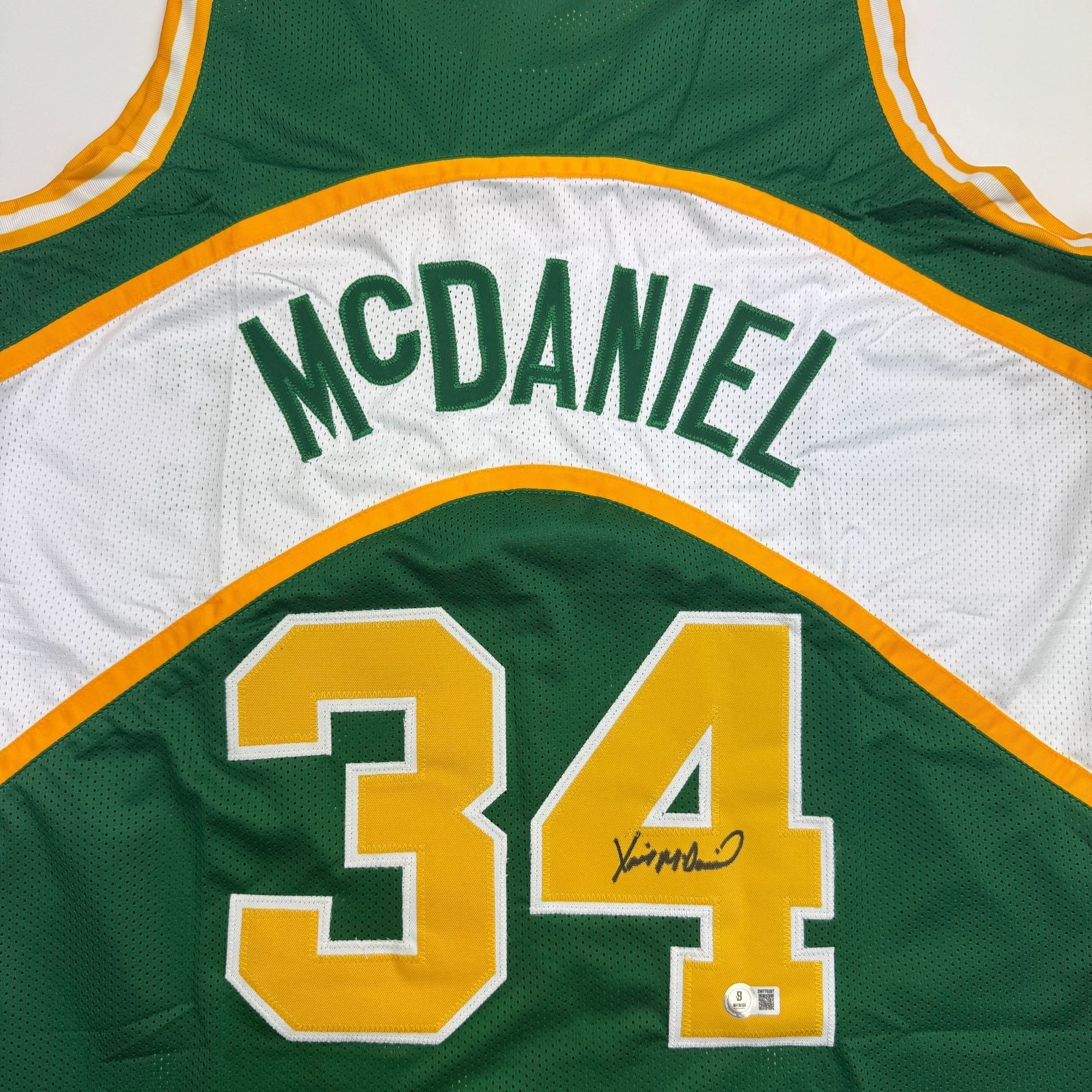 Autographed/Signed Xavier McDaniel Seattle Green Basketball Jersey Beckett BAS COA