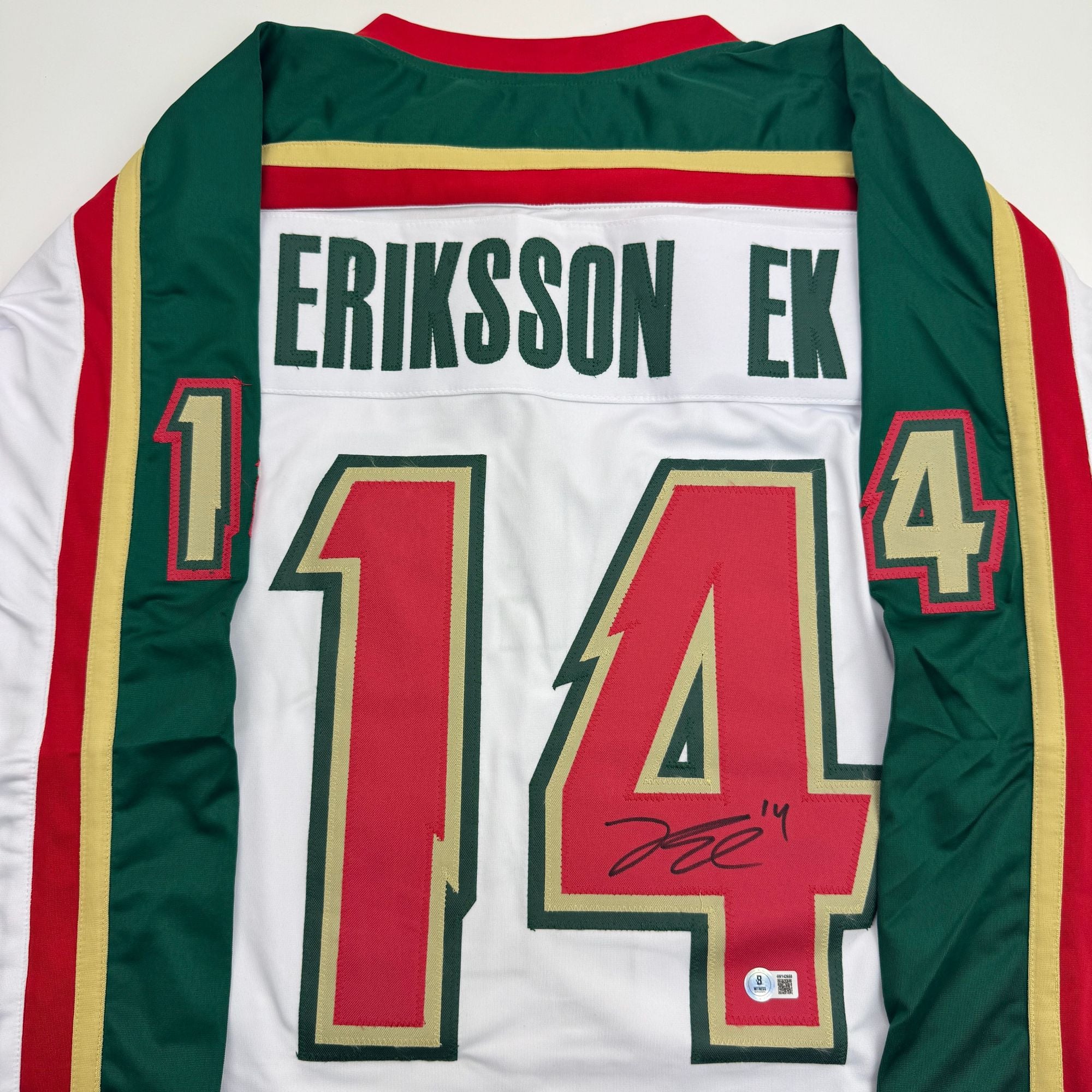 Autographed/Signed Joel Eriksson Ek Minnesota White 25th Anniversary Hockey Jersey Beckett BAS COA