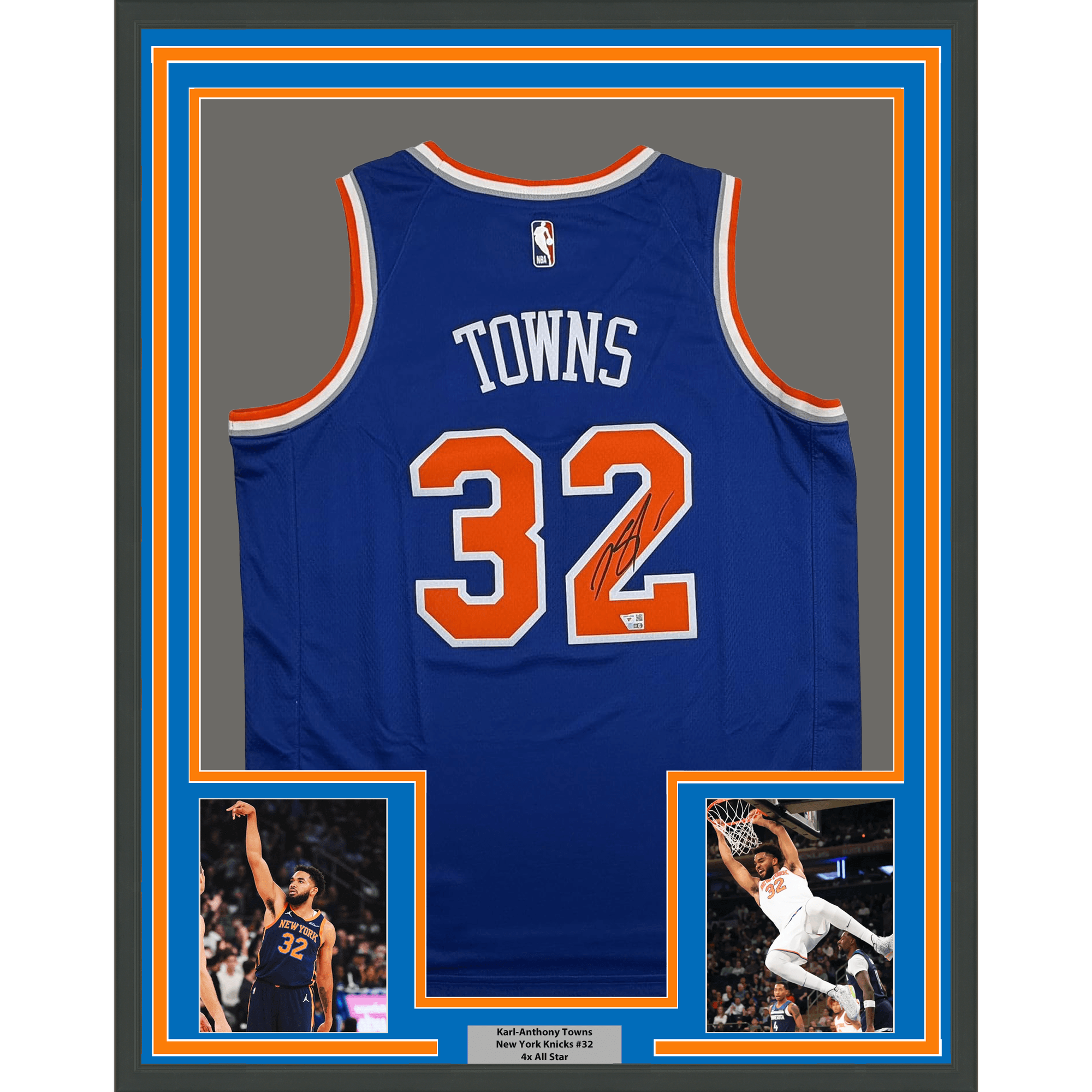 Framed Autographed/Signed Karl-Anthony Towns 35x39 New York Knicks Blue Authentic Basketball Jersey Fanatics COA