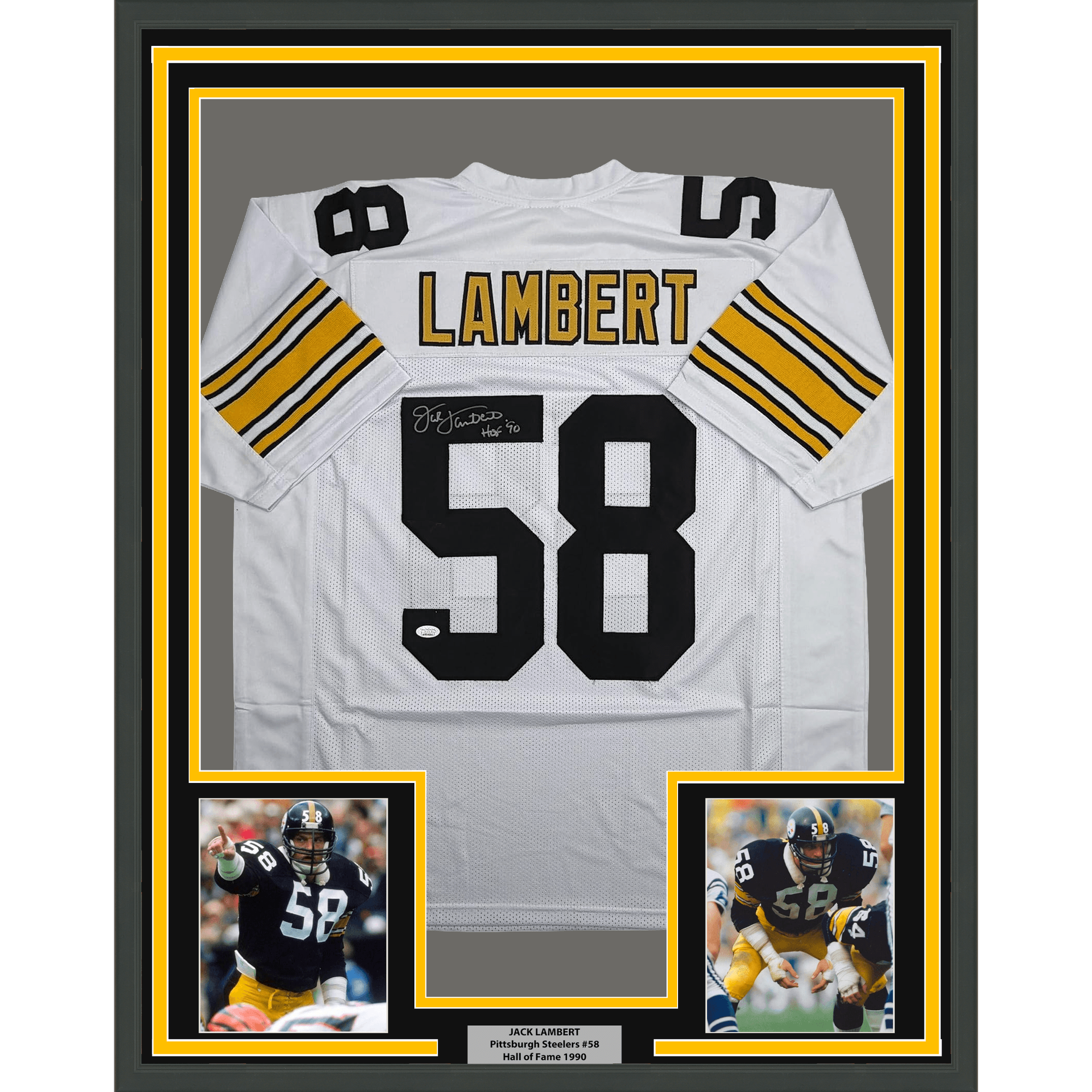 Framed Autographed/Signed Jack Lambert 35x39 Pittsburgh White Football Jersey JSA COA