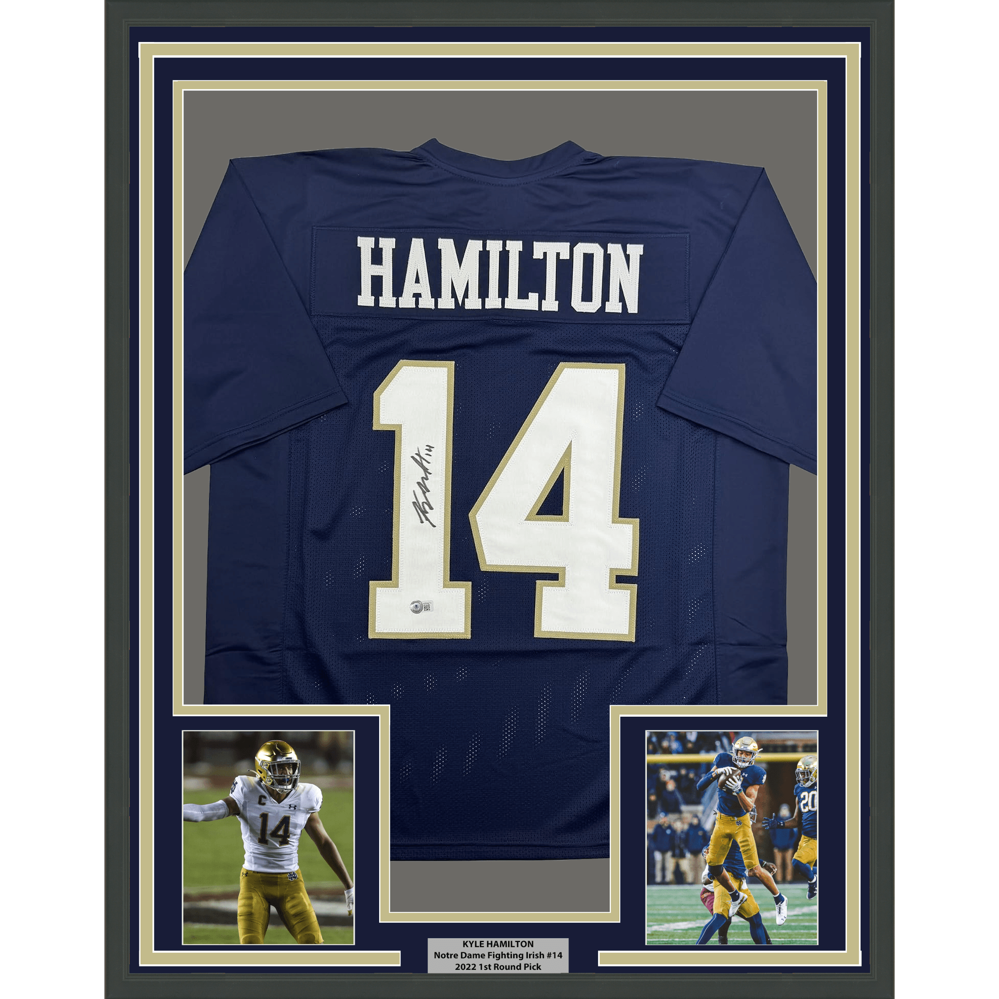 Framed Autographed/Signed Kyle Hamilton 35x39 Notre Dame Blue College Football Jersey Beckett BAS COA