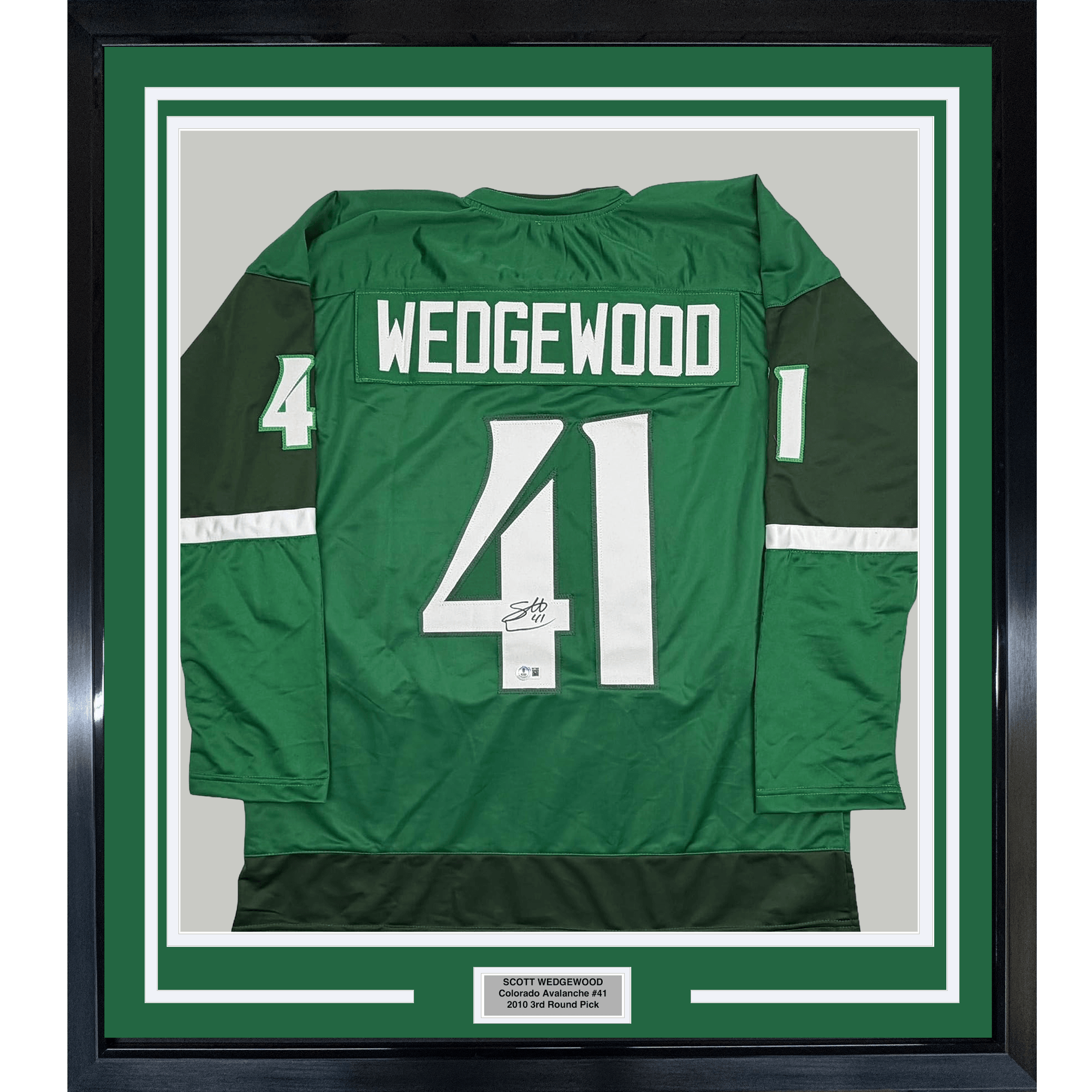 Framed Autographed/Signed Scott Wedgewood 35x39 Colorado Green St. Patrick's Day Hockey Jersey Beckett BAS COA
