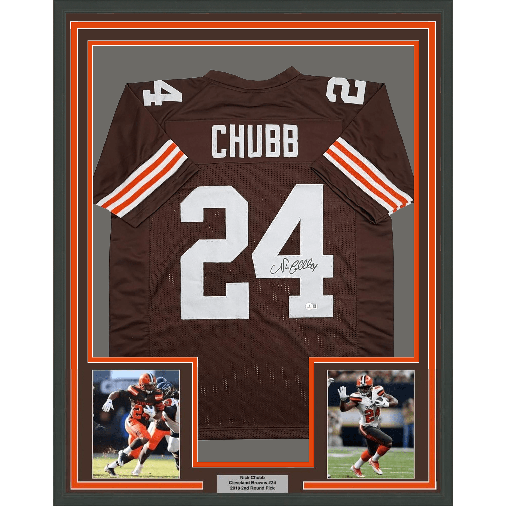 Framed Autographed/Signed Nick Chubb 35x39 Cleveland Brown Football Jersey Beckett BAS COA