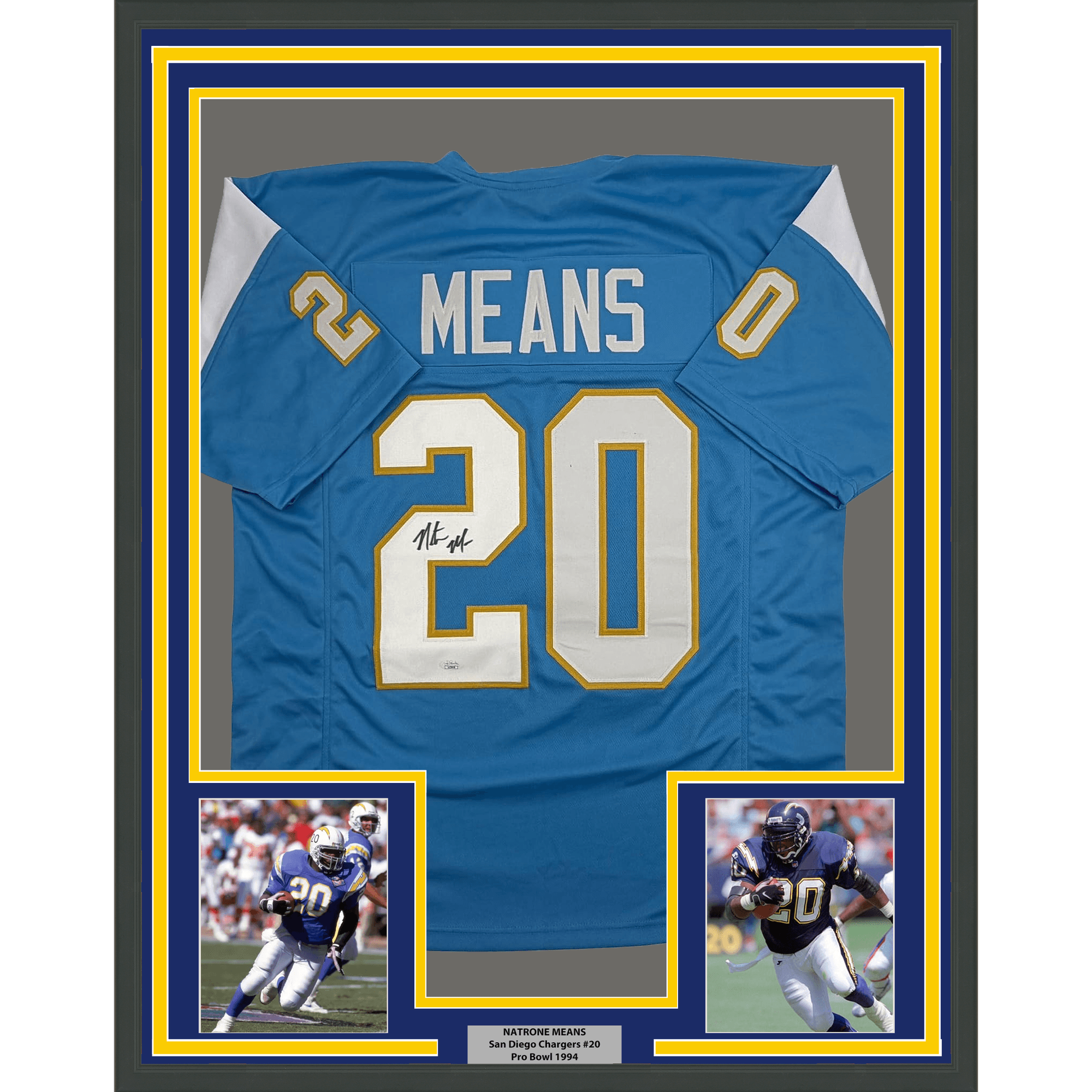 Framed Autographed/Signed Natrone Means 35x39 Los Angeles San Diego Powder Blue Football Jersey Beckett BAS COA