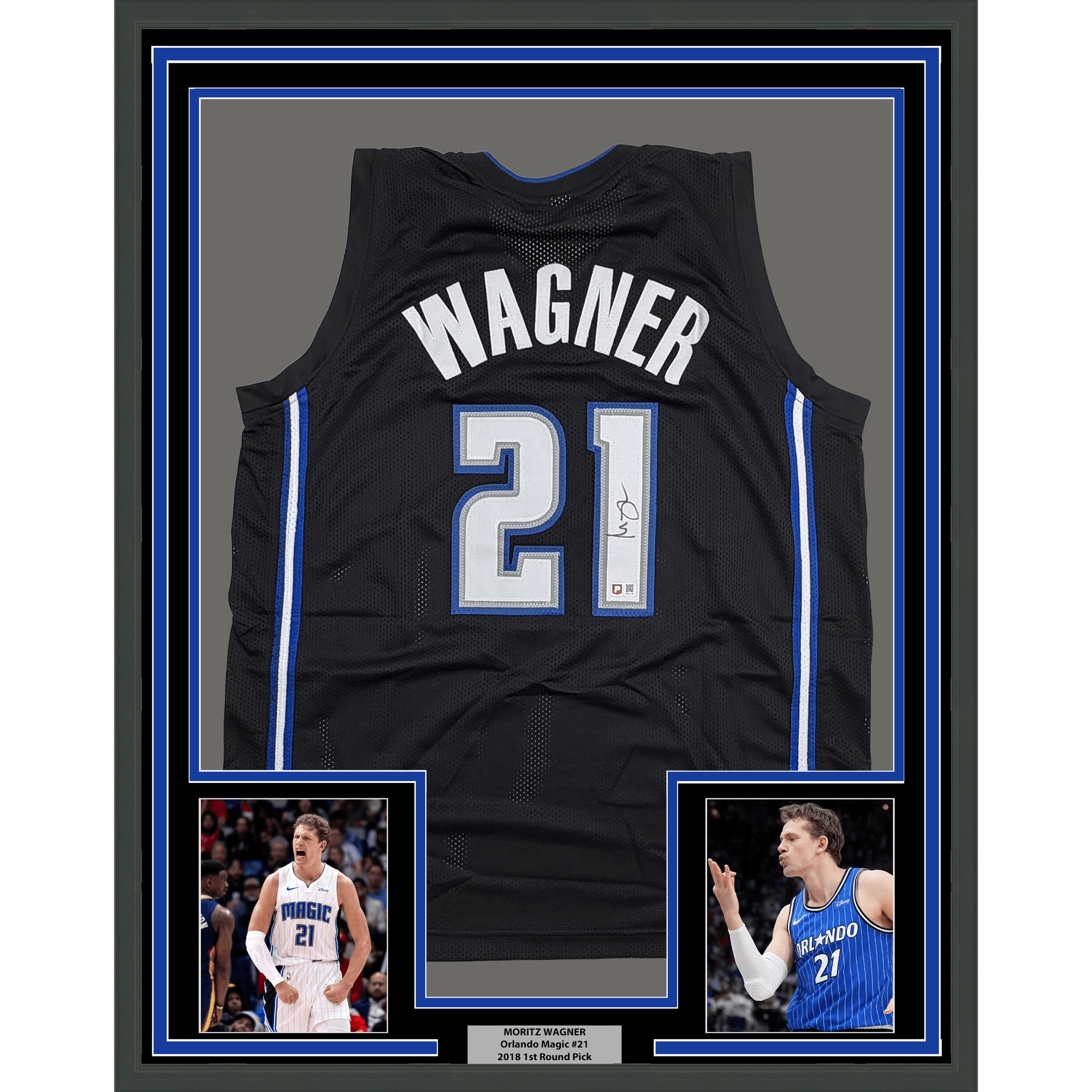 Framed Autographed/Signed Moritz Moe Wagner 35x39 Orlando Black Basketball Jersey Pristine PA COA