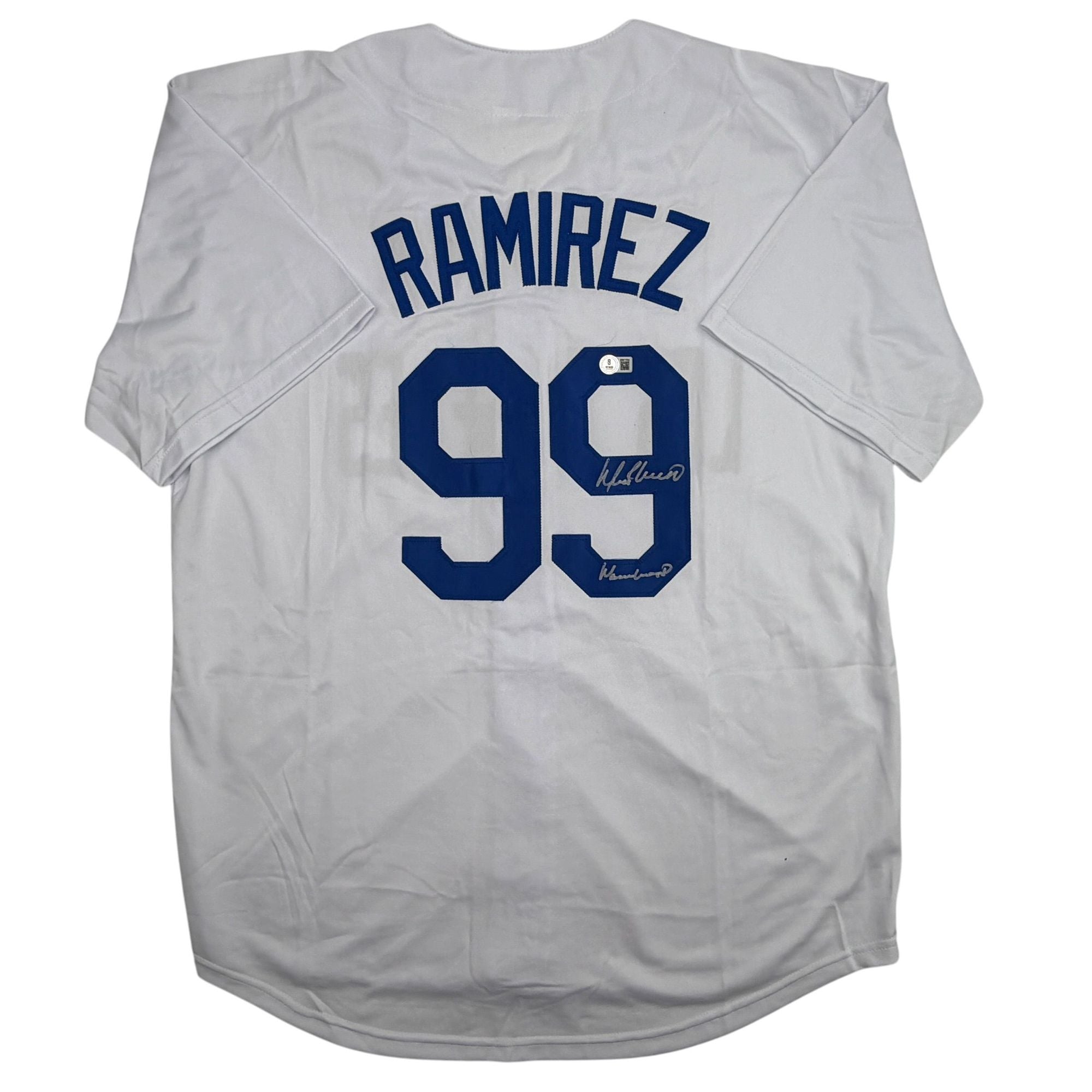 Autographed/Signed Manny Ramirez MannyWood Los Angeles White Baseball Jersey Beckett BAS COA