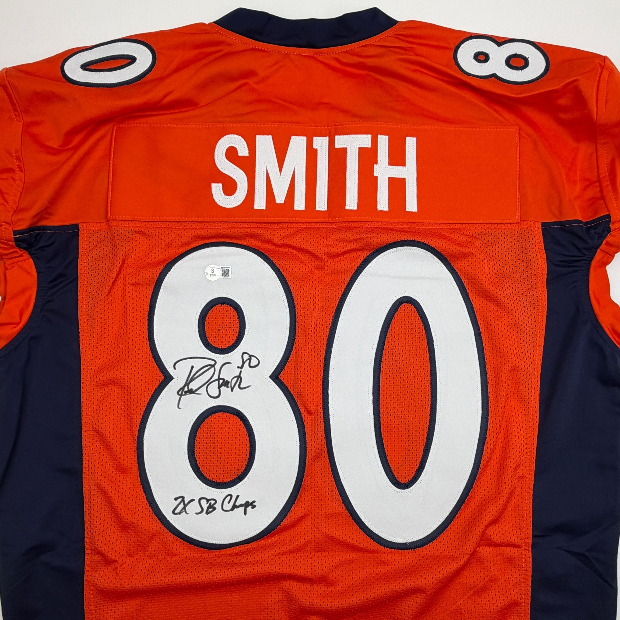 Autographed/Signed Rod Smith 2x SB Champs Denver Orange Pro Cut Football Jersey Beckett BAS COA