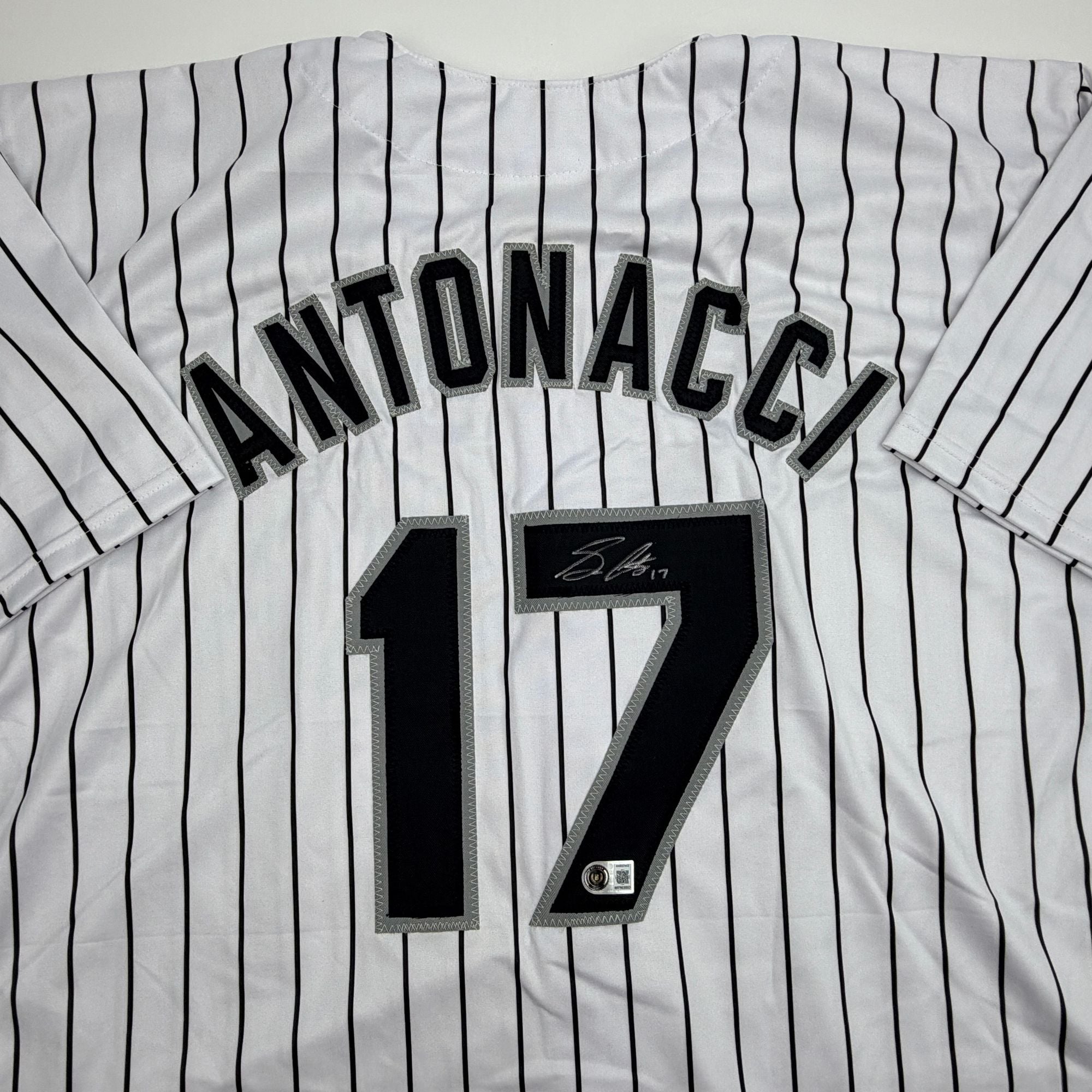 Autographed/Signed Sam Antonacci Chicago Pinstripe Baseball Jersey Beckett BAS COA