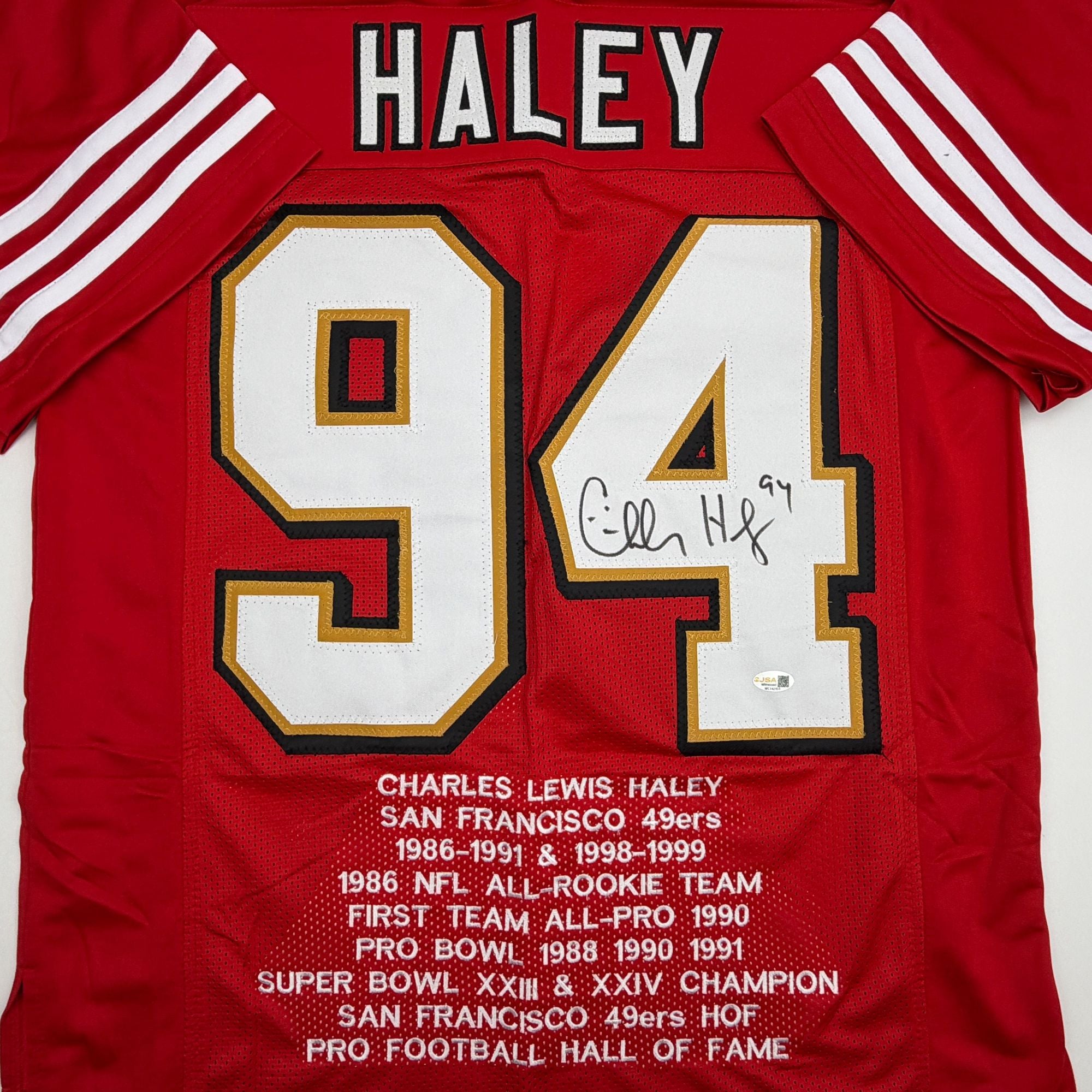 Autographed/Signed Charles Haley San Francisco Red Alternate Stat Football Jersey JSA COA