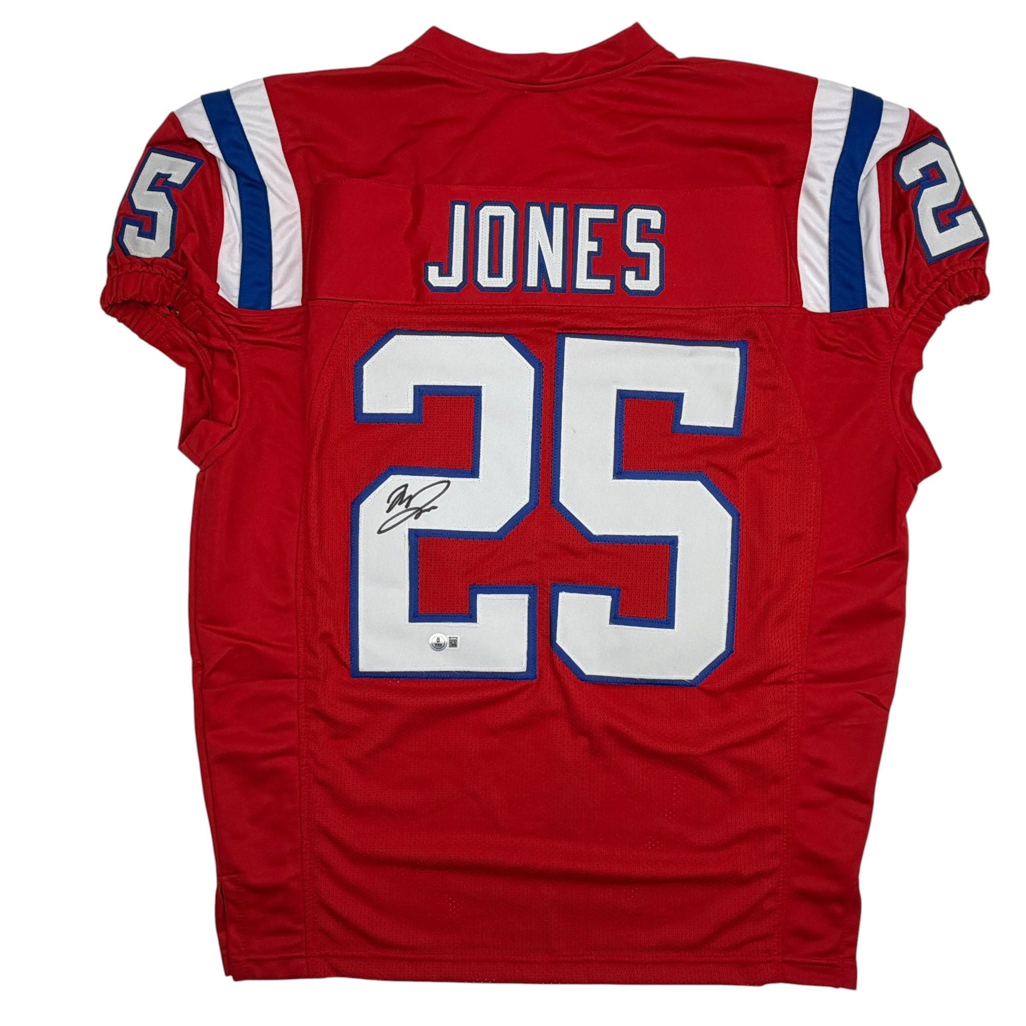 Autographed/Signed Marcus Jones New England Red Pro Cut Football Jersey Beckett BAS COA