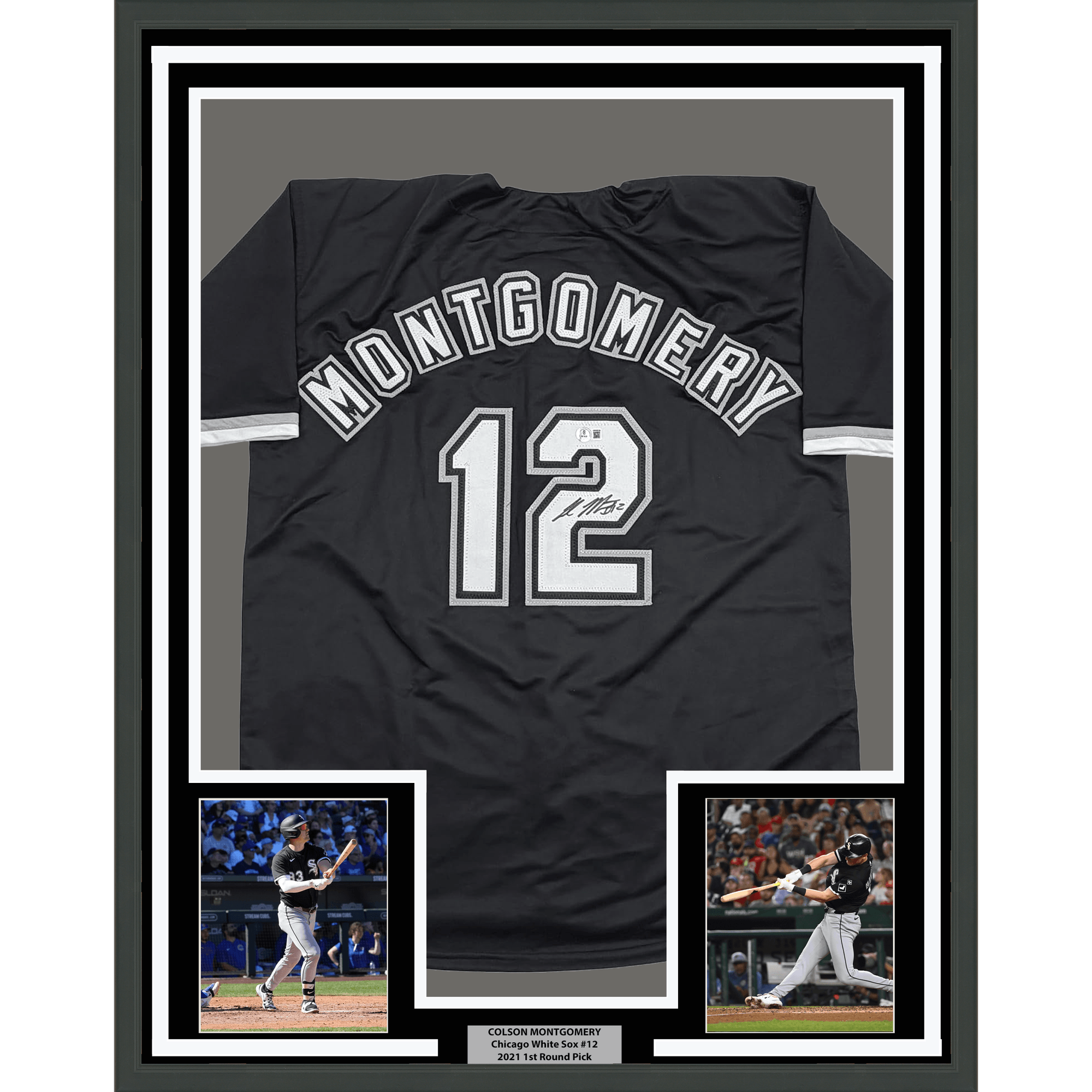 Framed Autographed/Signed Colson Montgomery 35x39 Chicago Black Baseball Jersey Beckett BAS COA