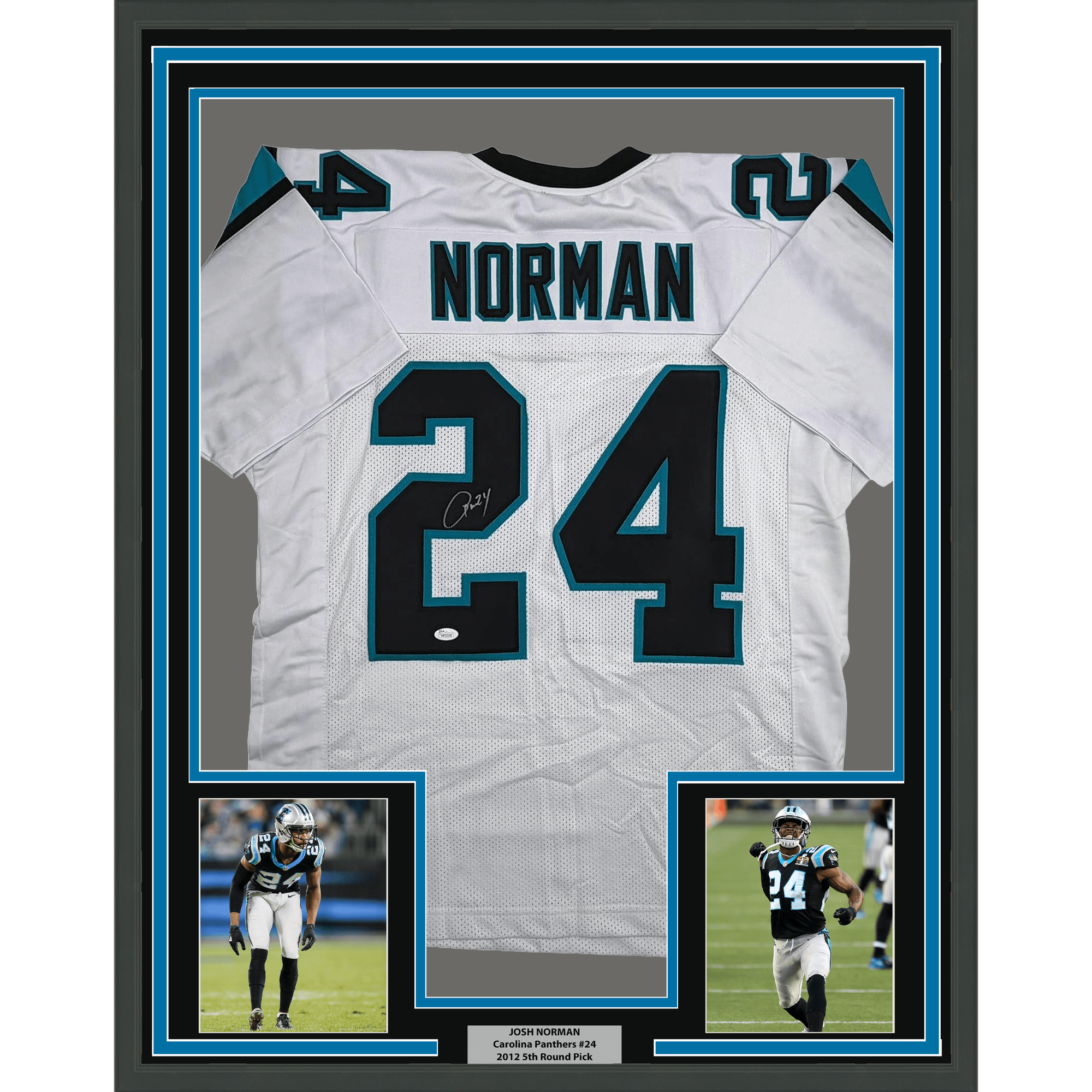Framed Autographed/Signed Josh Norman 35x39 Carolina White Football Jersey JSA COA