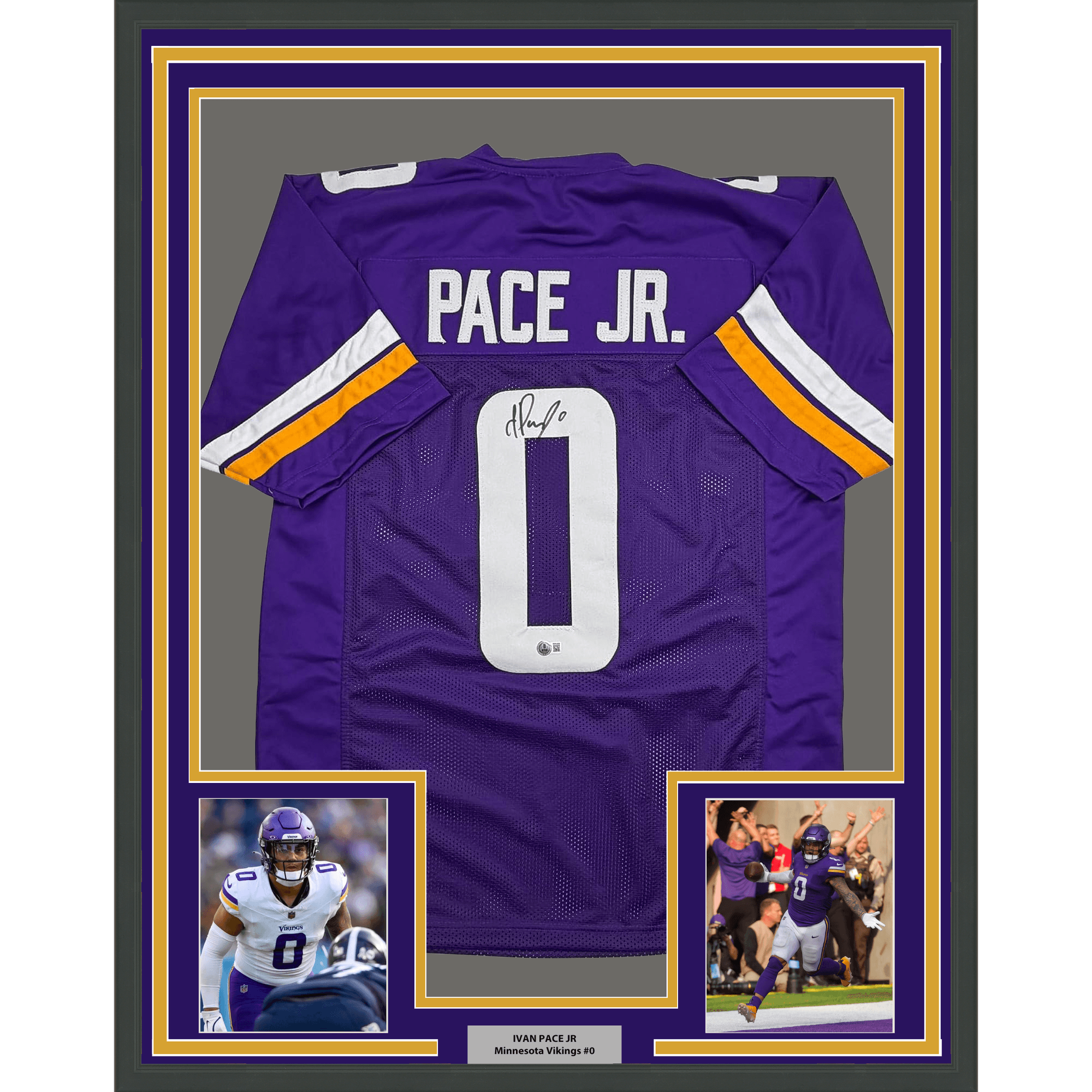 Framed Autographed/Signed Ivan Pace Jr. 35x39 Minnesota Purple Football Jersey Beckett BAS COA