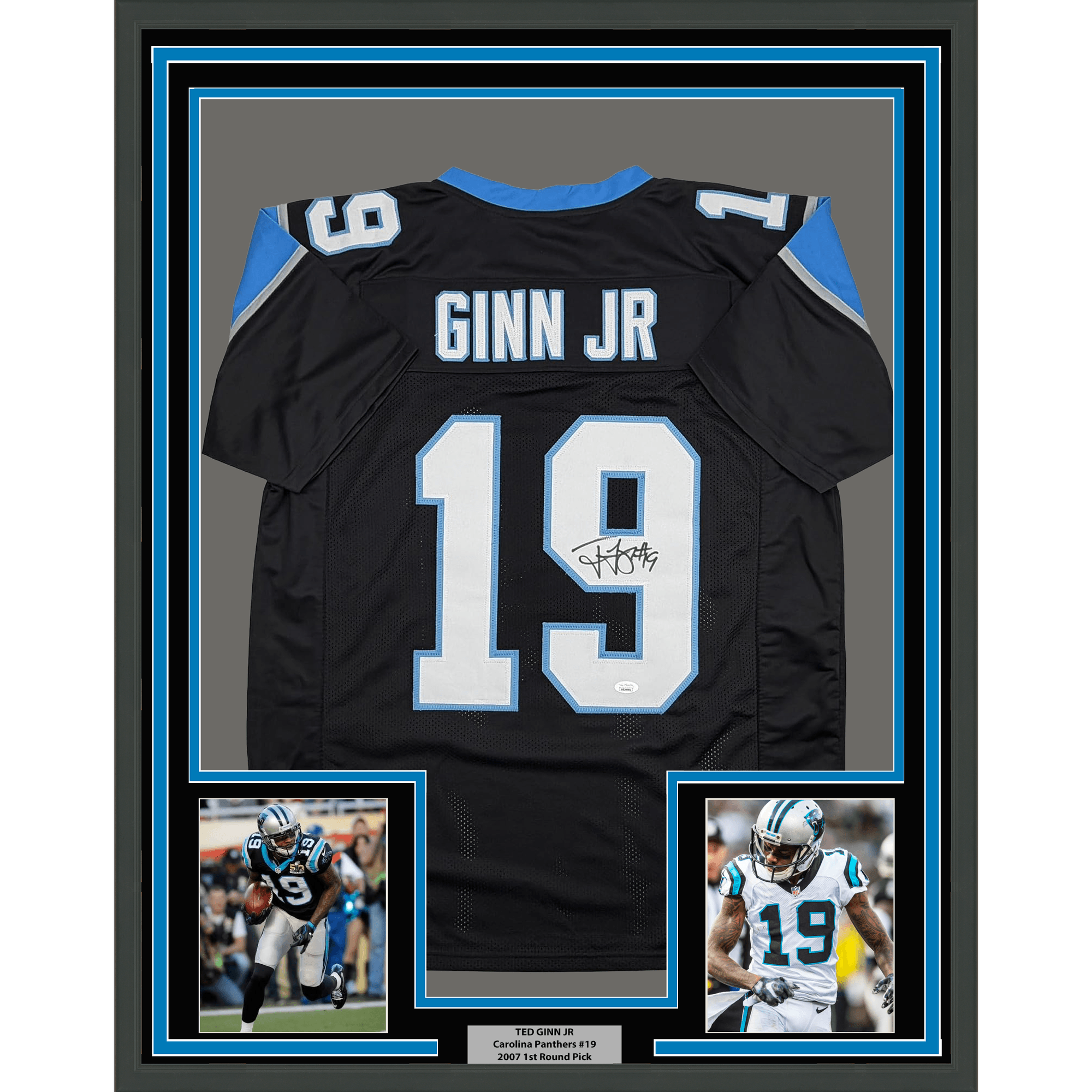 Framed Autographed/Signed Ted Ginn Jr. 35x39 Carolina Black Football Jersey JSA COA