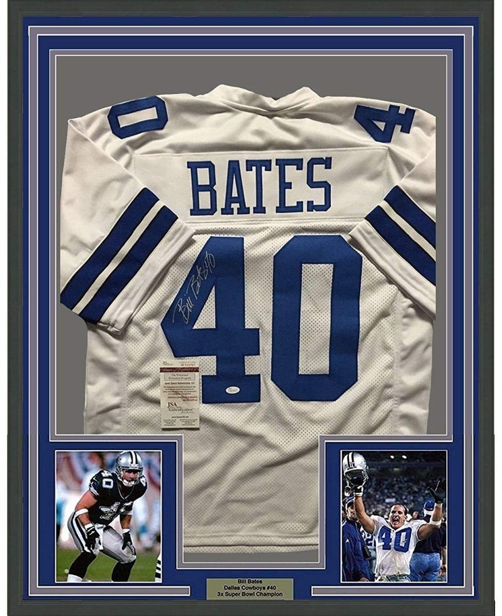 Framed Autographed/Signed Bill Bates 35x39 Dallas Cowboys White Football Jersey JSA COA