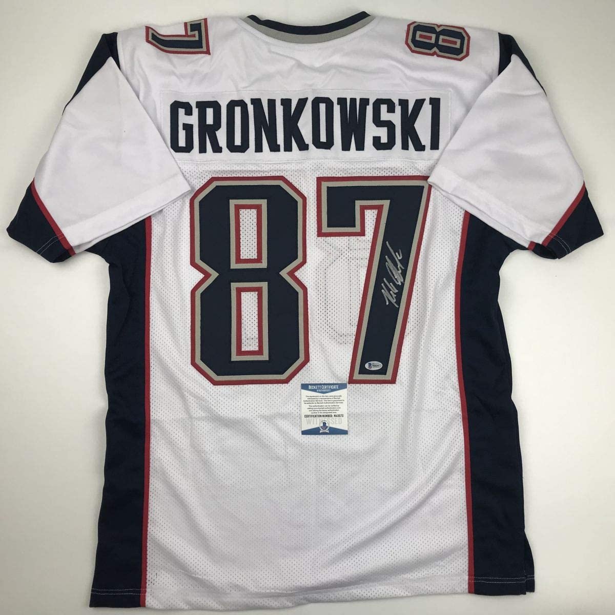 Autographed/Signed Rob Gronkowski New England White Football Jersey Beckett BAS COA